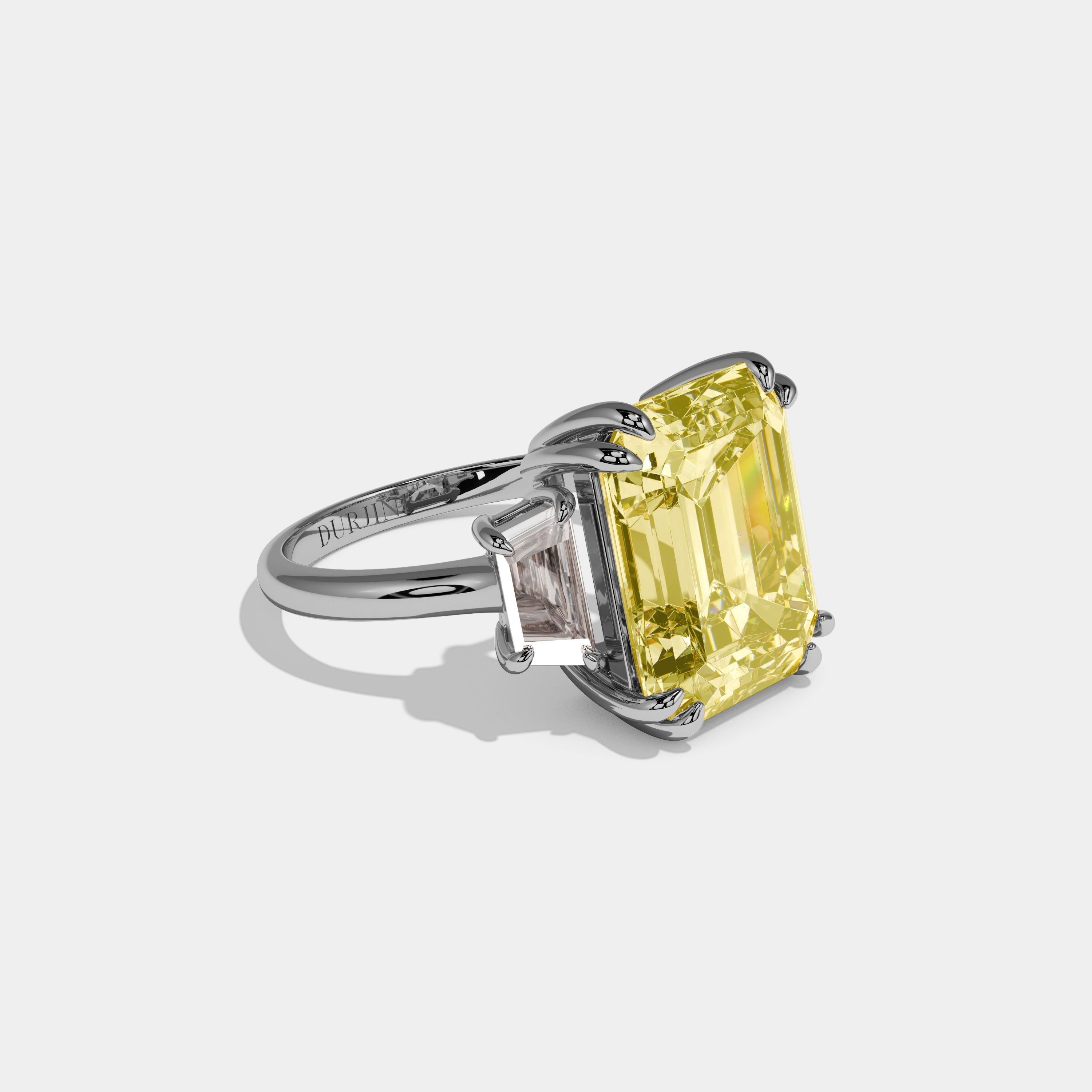 Josephine Fancy Yellow Emerald Cut Diamond Plain Band With Step Cut Sides Engagement Ring 8ct 18k White Gold