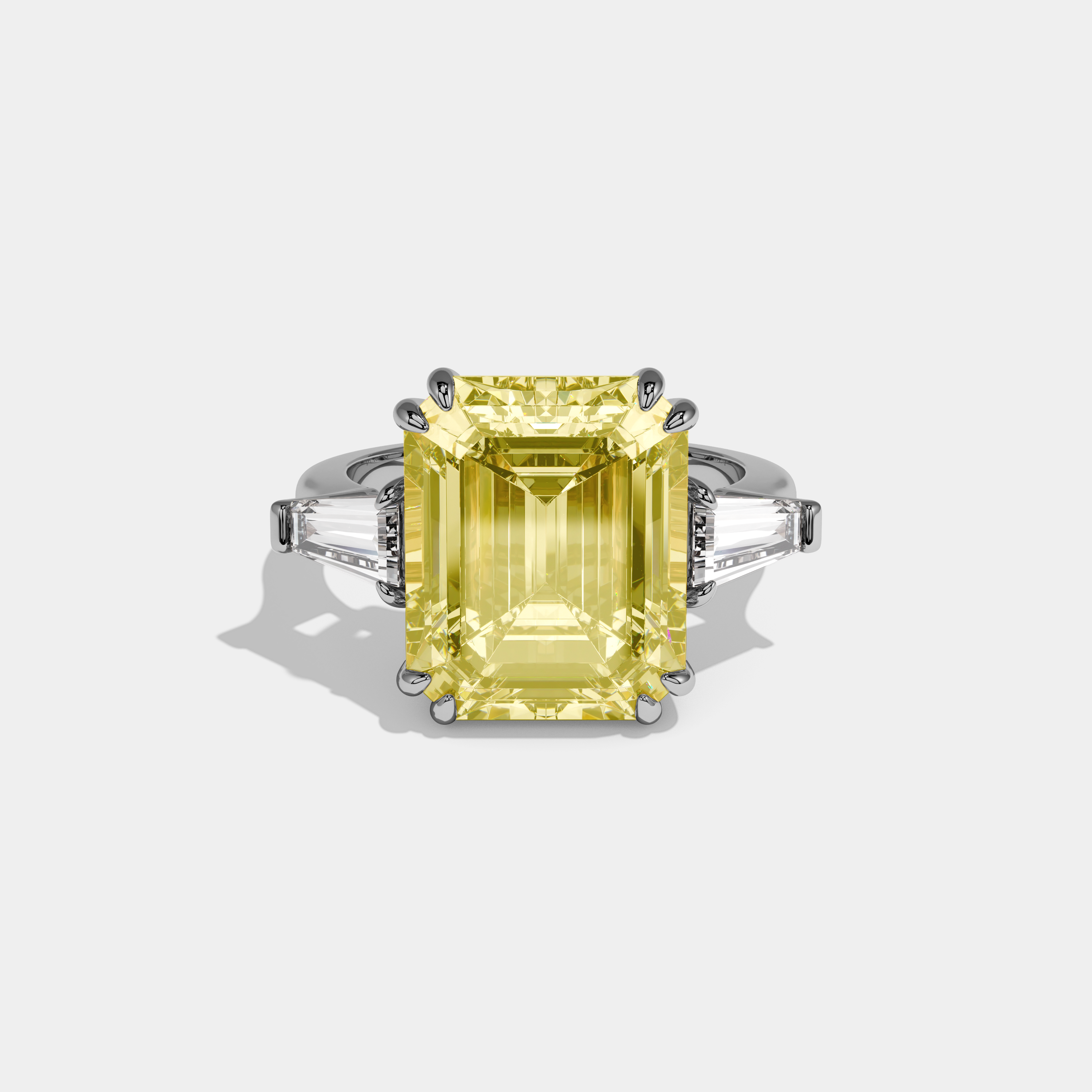 Addison Fancy Yellow Emerald Cut Diamond Plain Band With Baguette Cut Sides Engagement Ring 10ct 18k White Gold