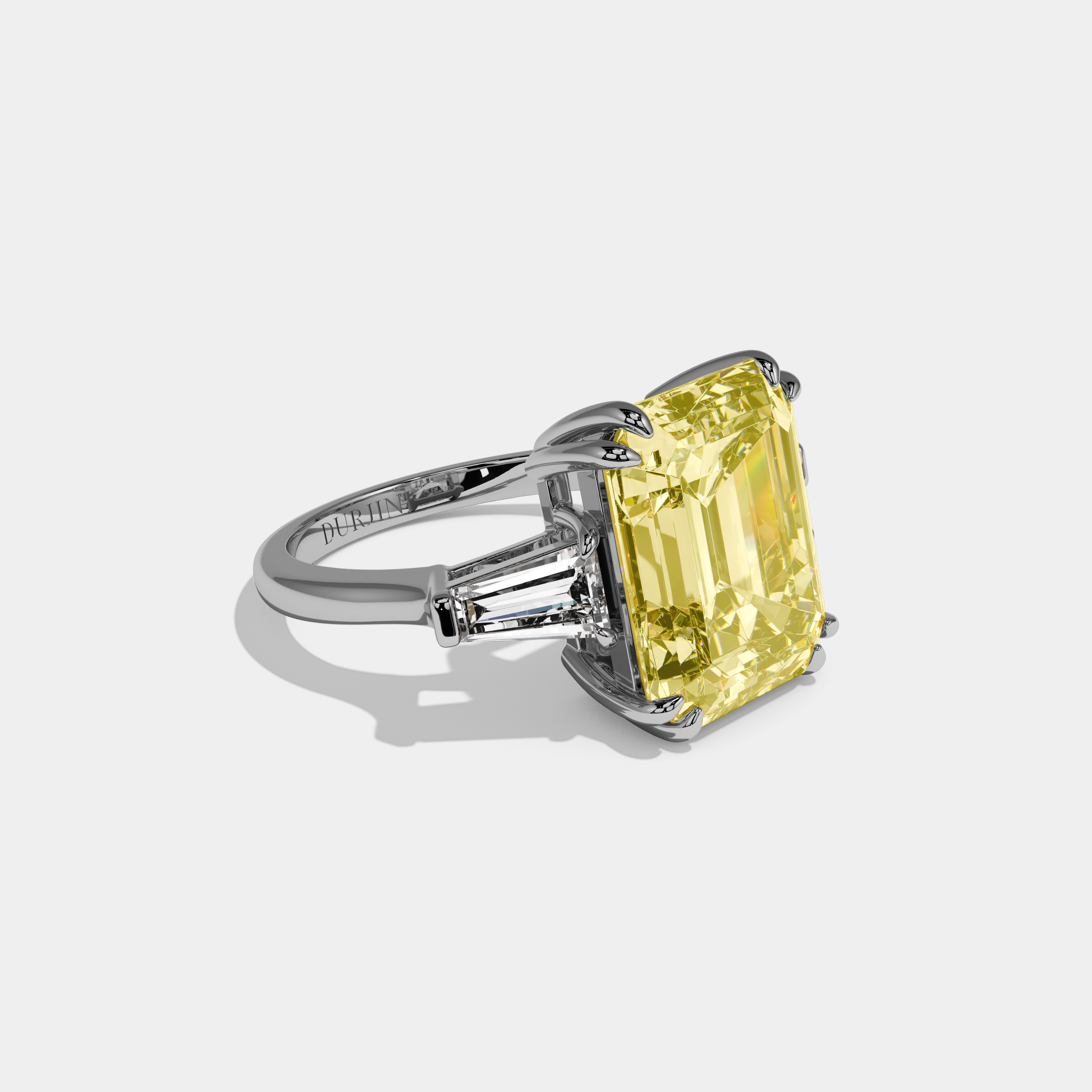 Addison Fancy Yellow Emerald Cut Diamond Plain Band With Baguette Cut Sides Engagement Ring 10ct 18k White Gold
