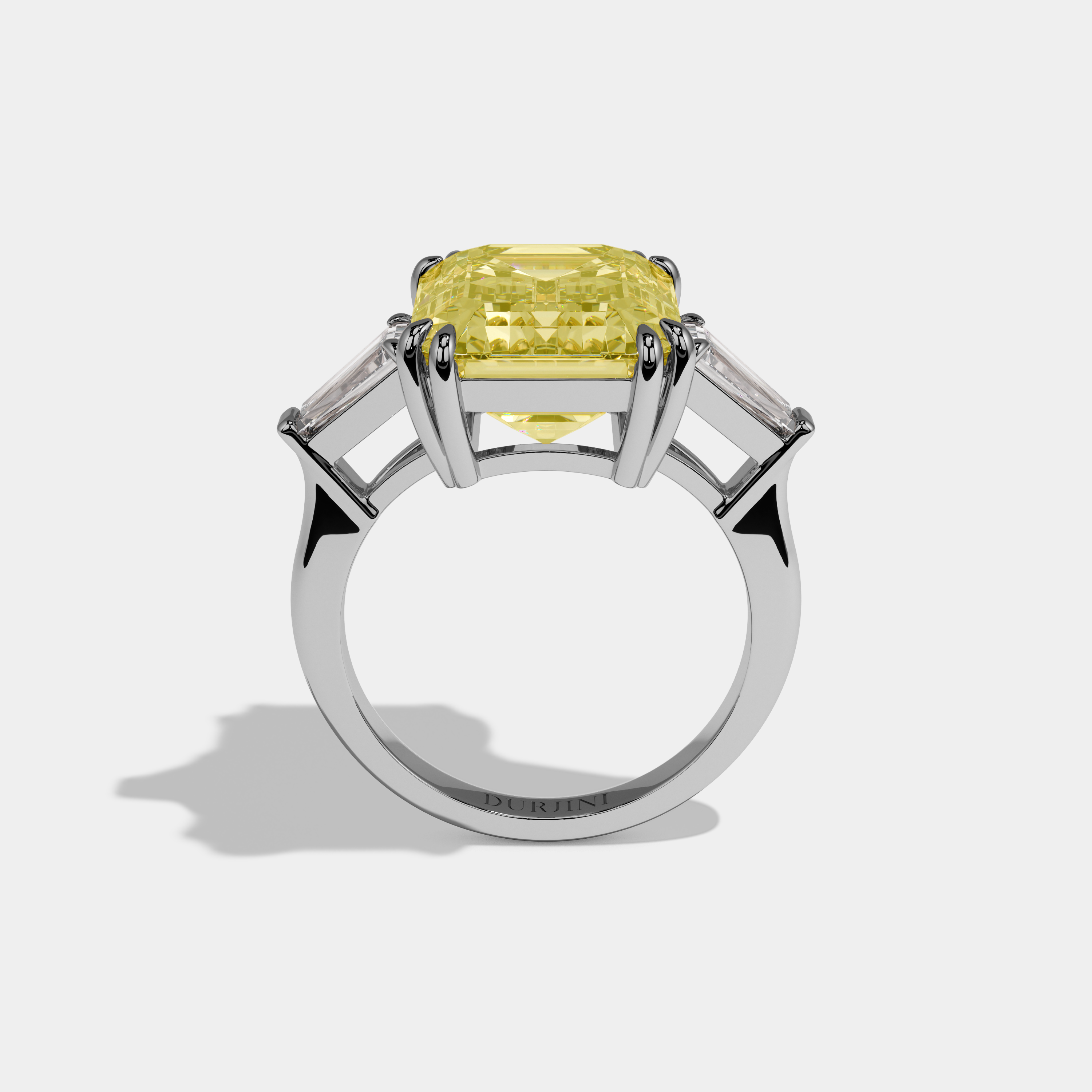 Addison Fancy Yellow Emerald Cut Diamond Plain Band With Baguette Cut Sides Engagement Ring 10ct 18k White Gold