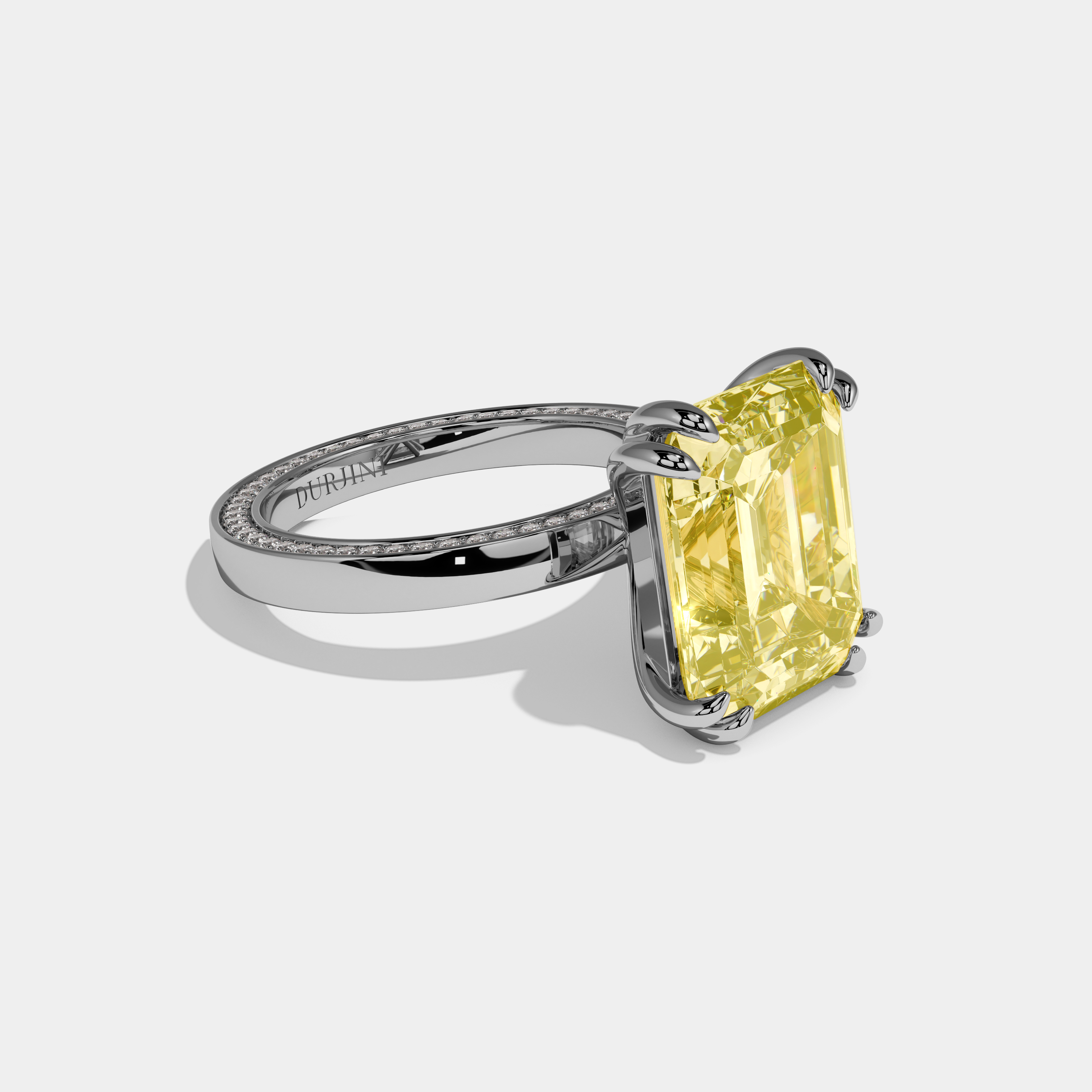 Tabitha Fancy Yellow Emerald Cut Diamond Hidden Band Engagement Ring 10ct 18k White Gold