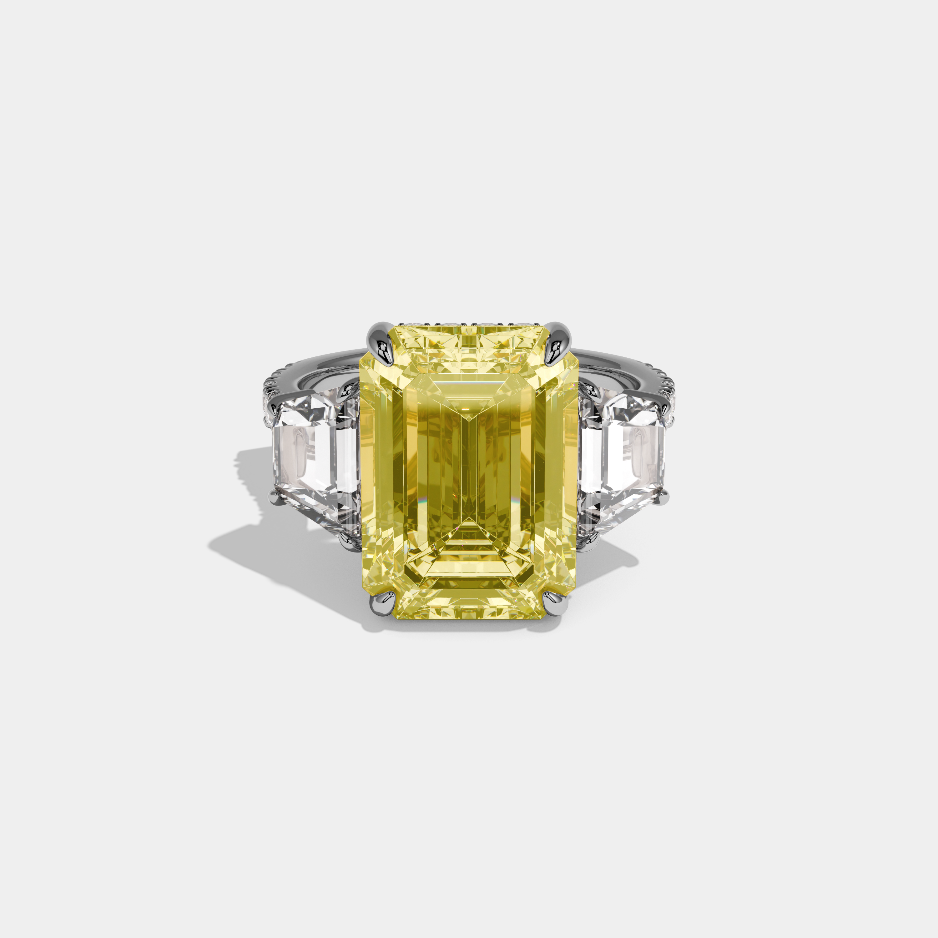 Eleanor Fancy Yellow Emerald Cut Diamond Band With Step Cut Sides Engagement Ring 10ct 18k White Gold