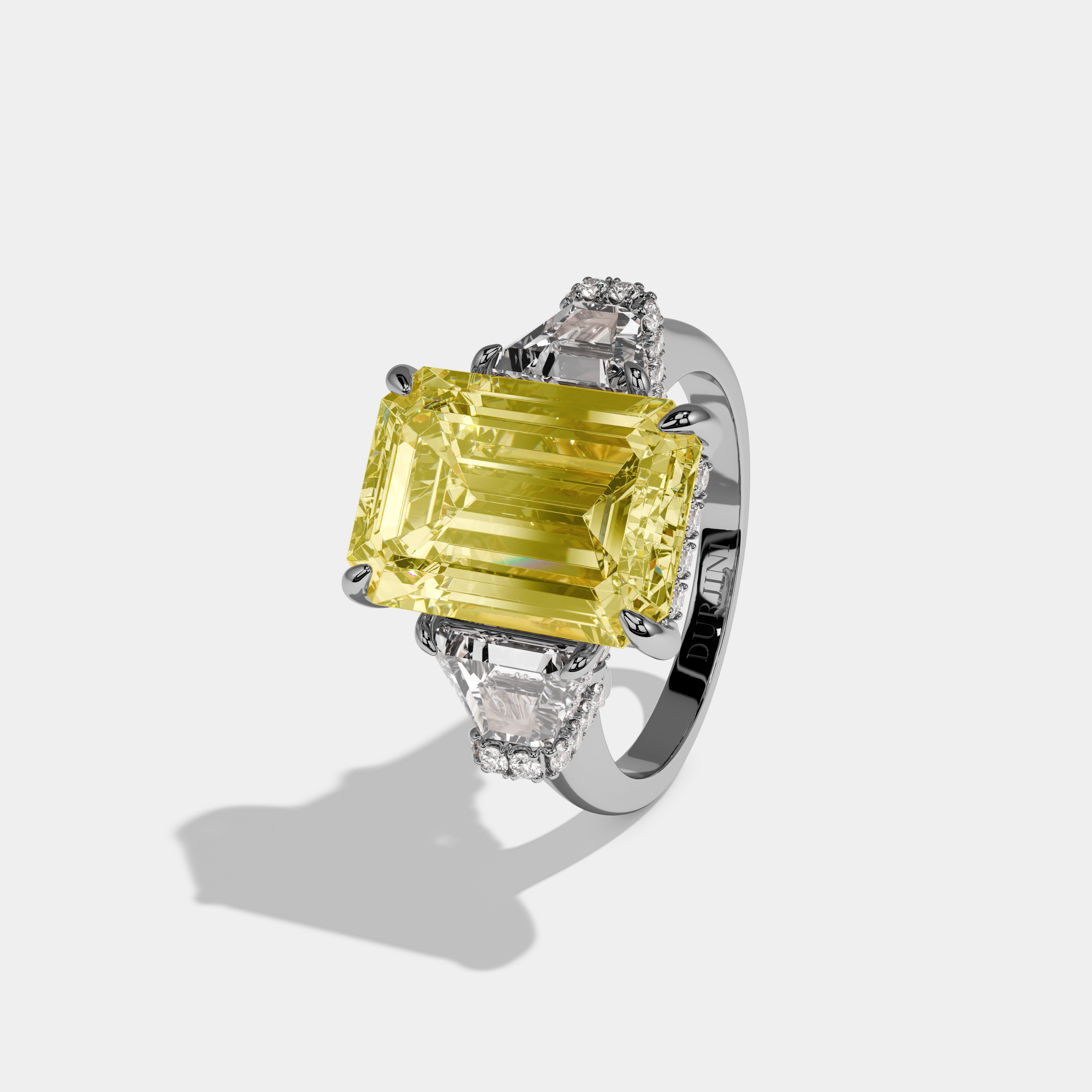 Nellie Fancy Yellow Emerald Cut Diamond Plain Band With Step Cut Sides Engagement Ring 8ct 18k White Gold
