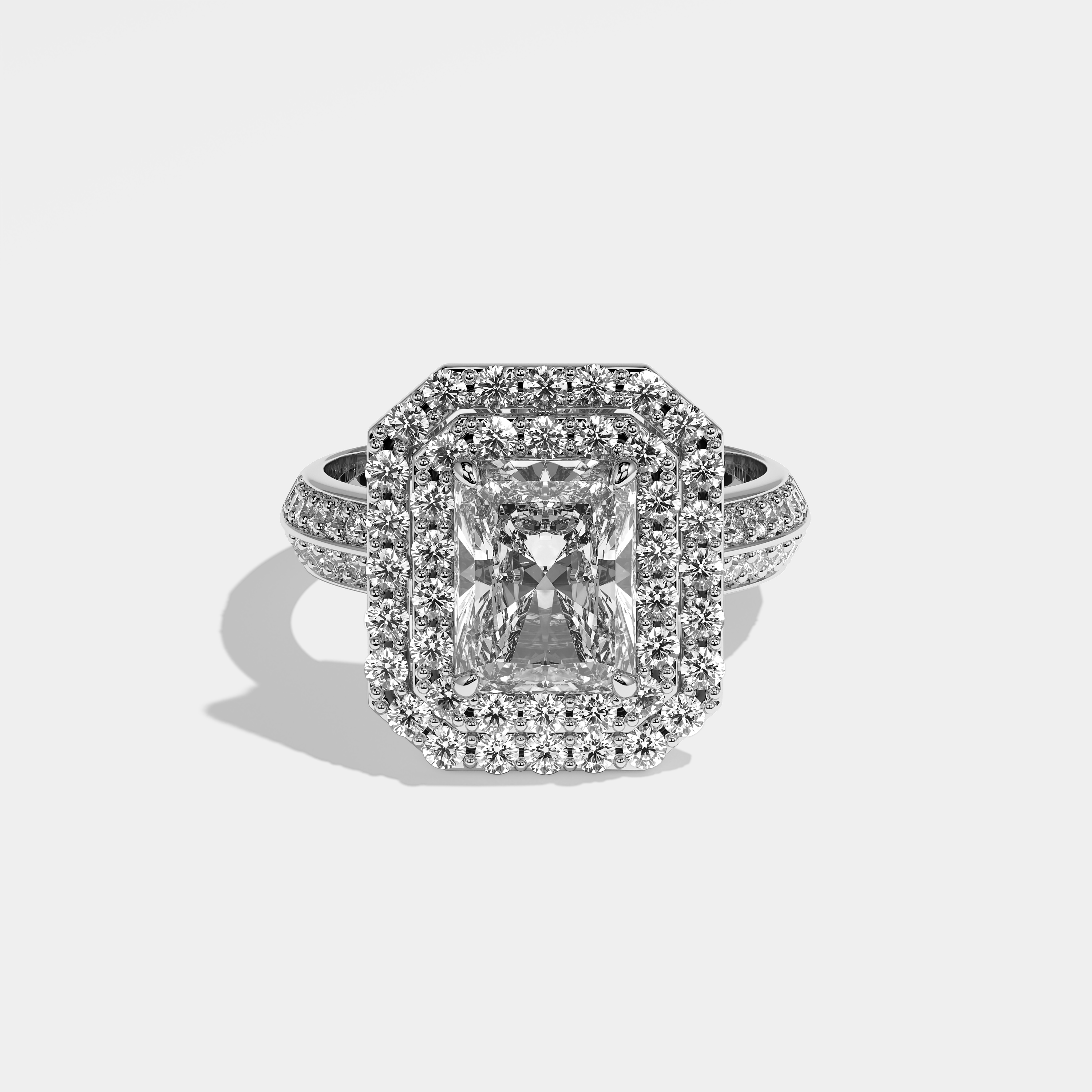 Caroline radiant halo diamond engagement ring in 18K white gold by Kurbãni Durjini, front view
