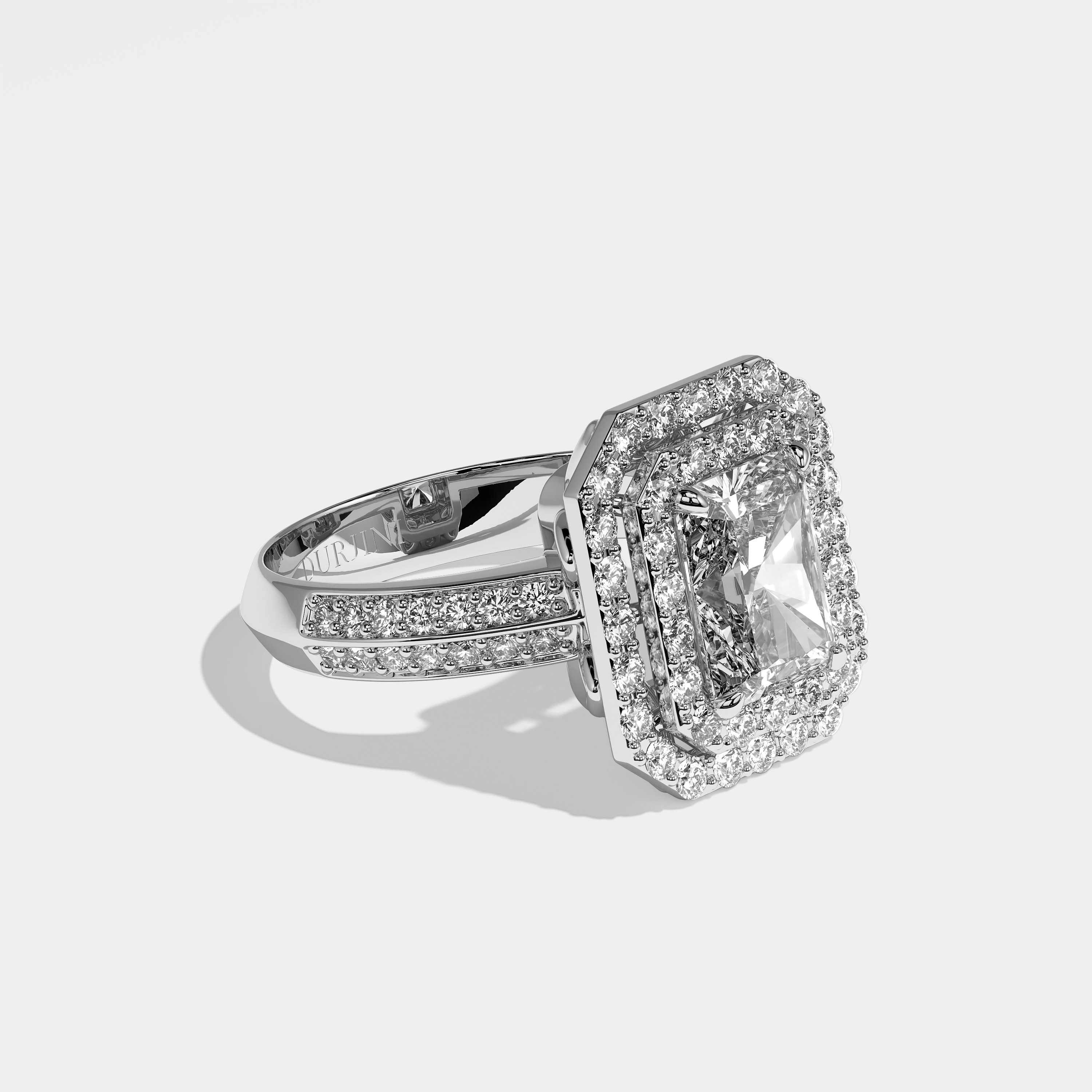 Caroline radiant halo diamond engagement ring in 18K white gold by Kurbãni Durjini, right view
