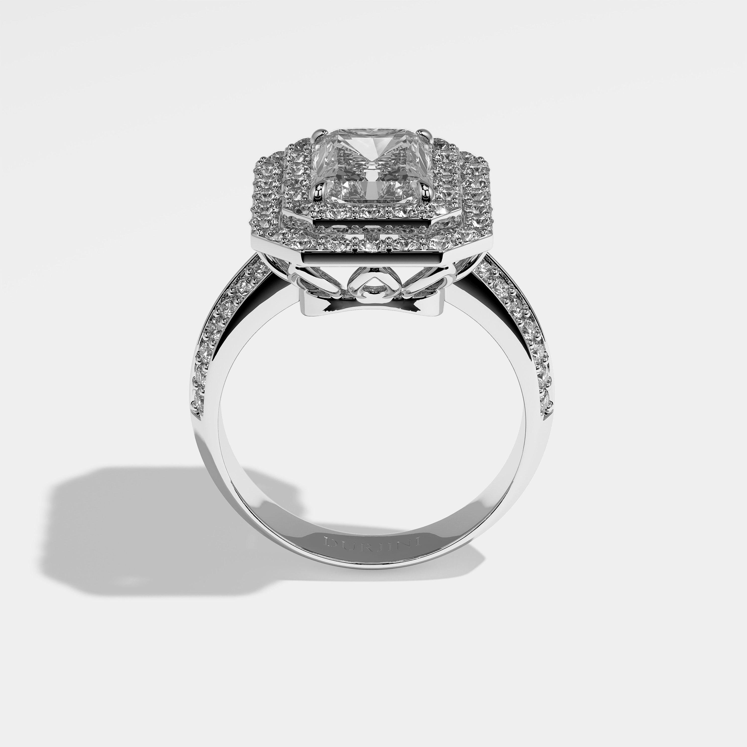 Caroline radiant halo diamond engagement ring in 18K white gold by Kurbãni Durjini, full view