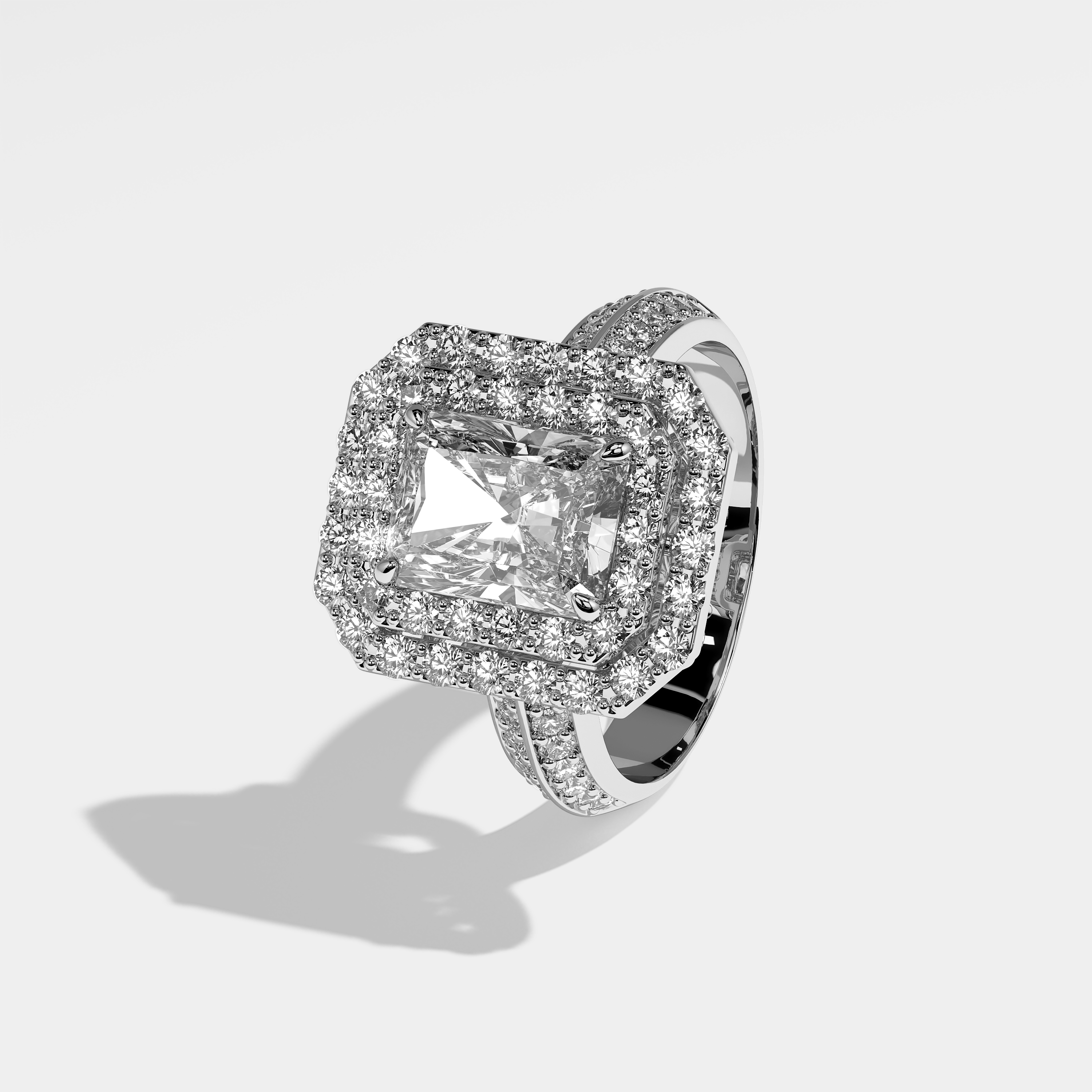 Caroline radiant halo diamond engagement ring in 18K white gold by Kurbãni Durjini, left view