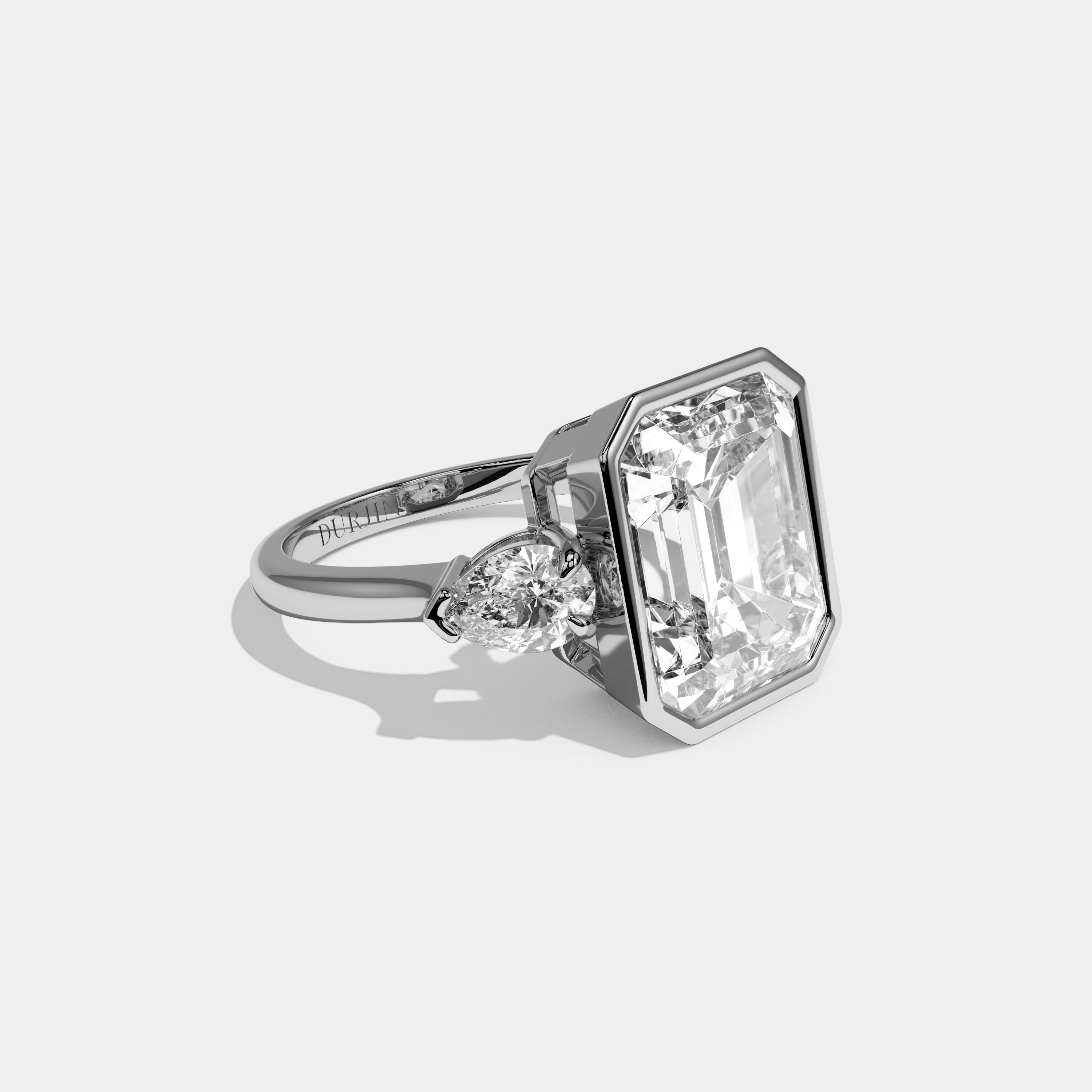 Elise Emerald Cut Diamond Bezel Halo Plain Band Engagement Ring 10ct 18k White Gold