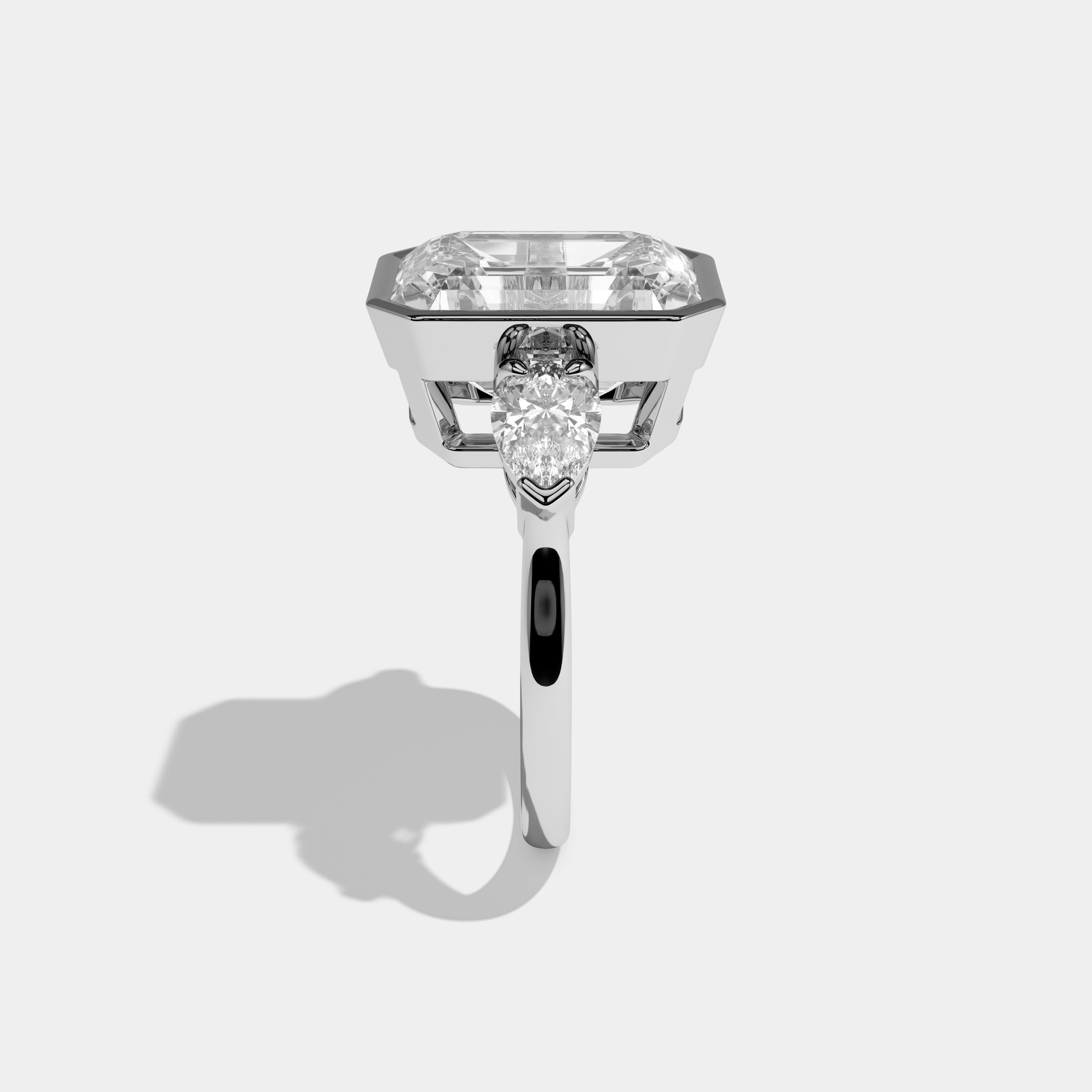Elise Emerald Cut Diamond Bezel Halo Plain Band Engagement Ring 10ct 18k White Gold