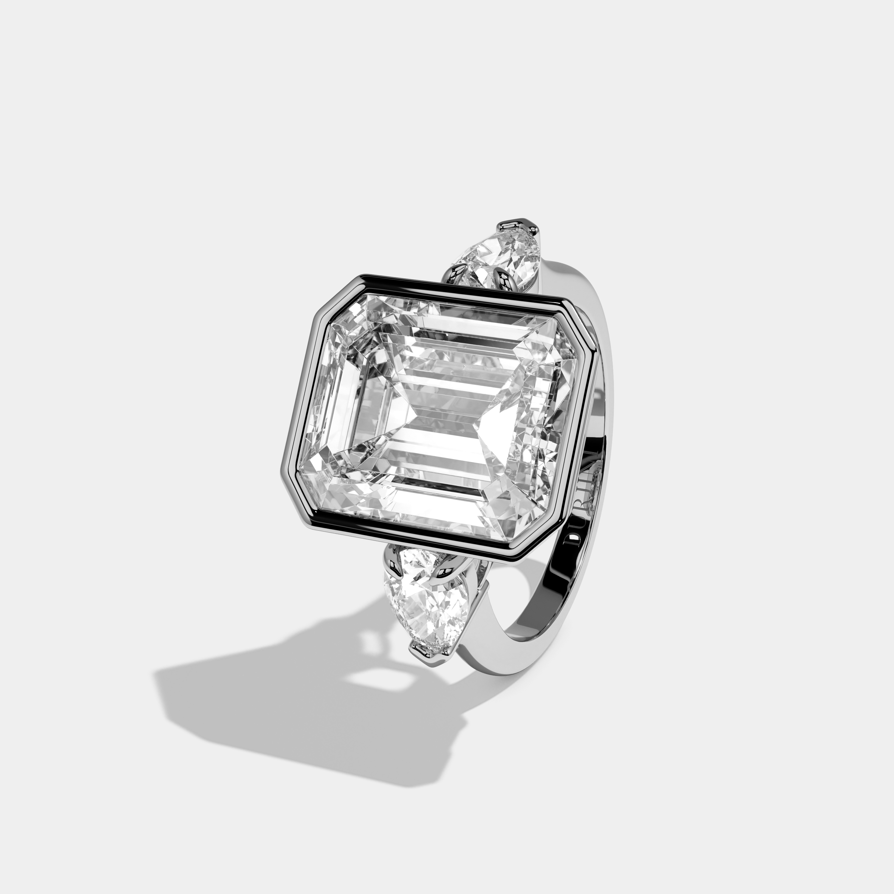 Elise Emerald Cut Diamond Bezel Halo Plain Band Engagement Ring 10ct 18k White Gold