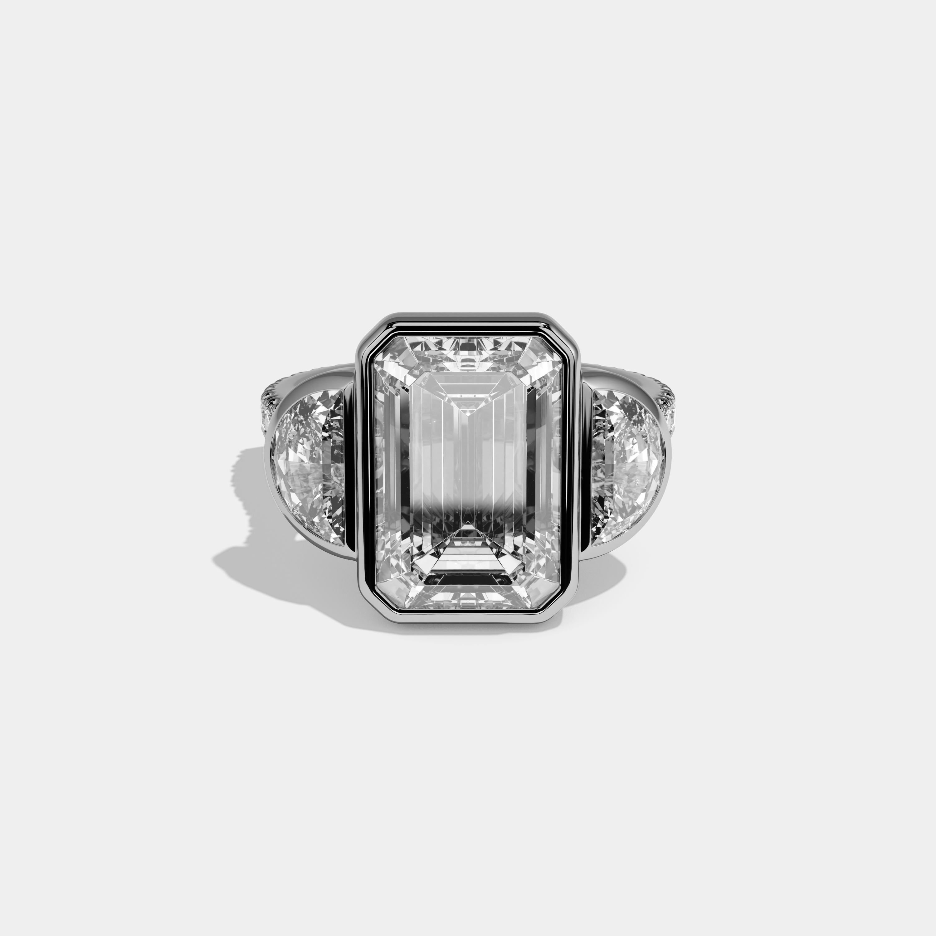 Jane Emerald Cut Diamond Bezel Band With Half Moon Halo Sides Engagement Ring 10ct 18k White Gold