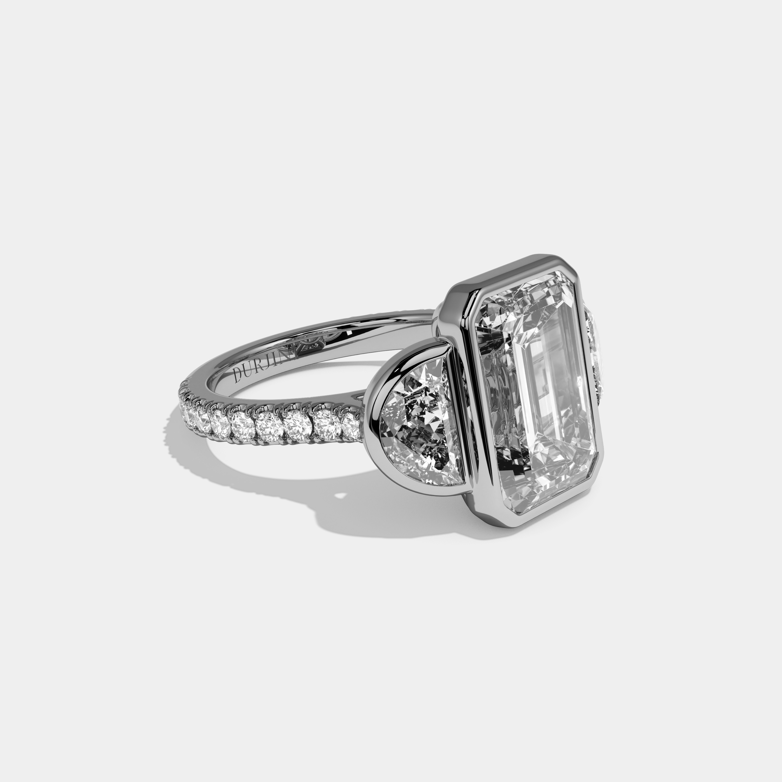 Jane Emerald Cut Diamond Bezel Band With Half Moon Halo Sides Engagement Ring 10ct 18k White Gold