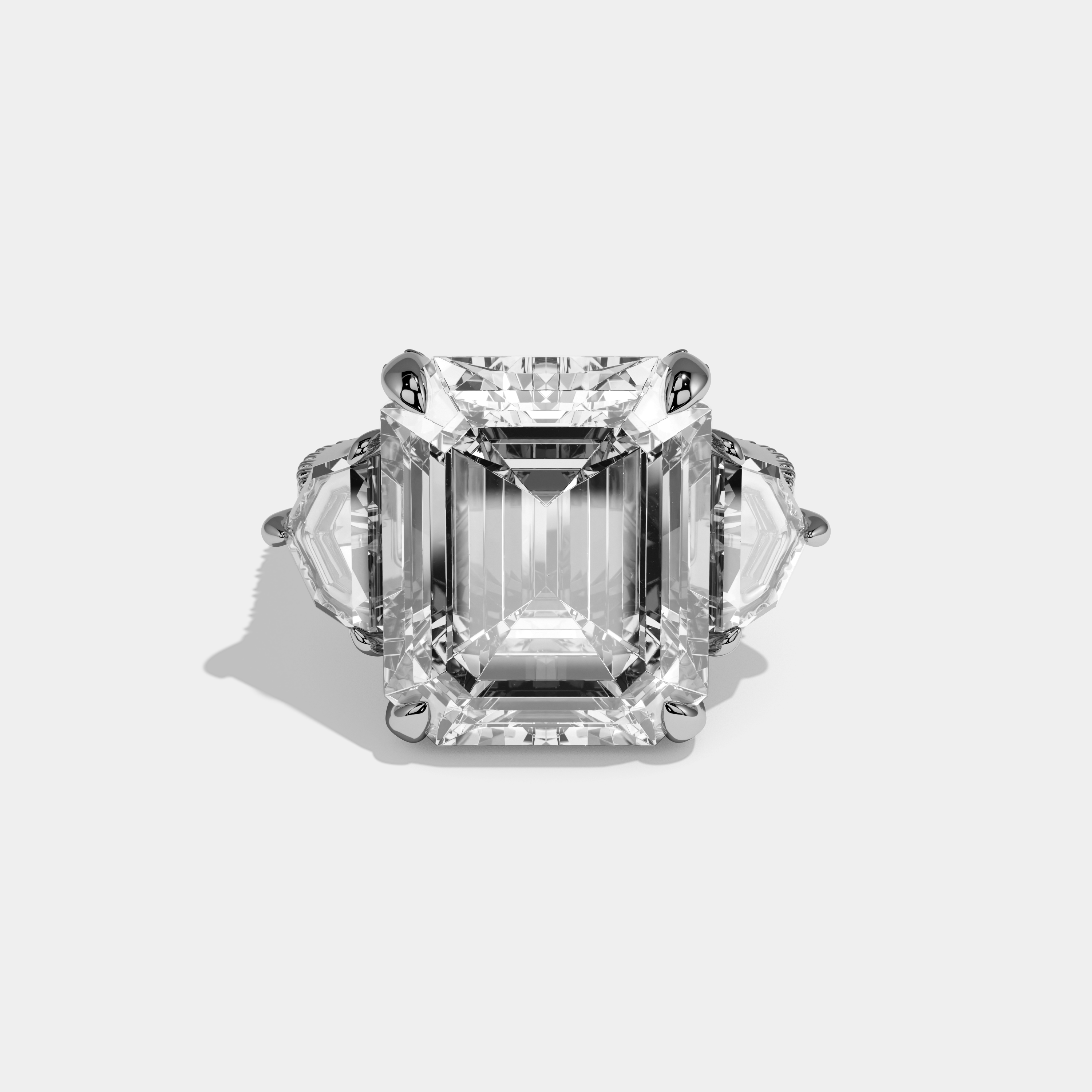 Amina Emerald Cut Diamond Band With Pentagon Halo Sides Engagement Ring 10ct 18k White Gold