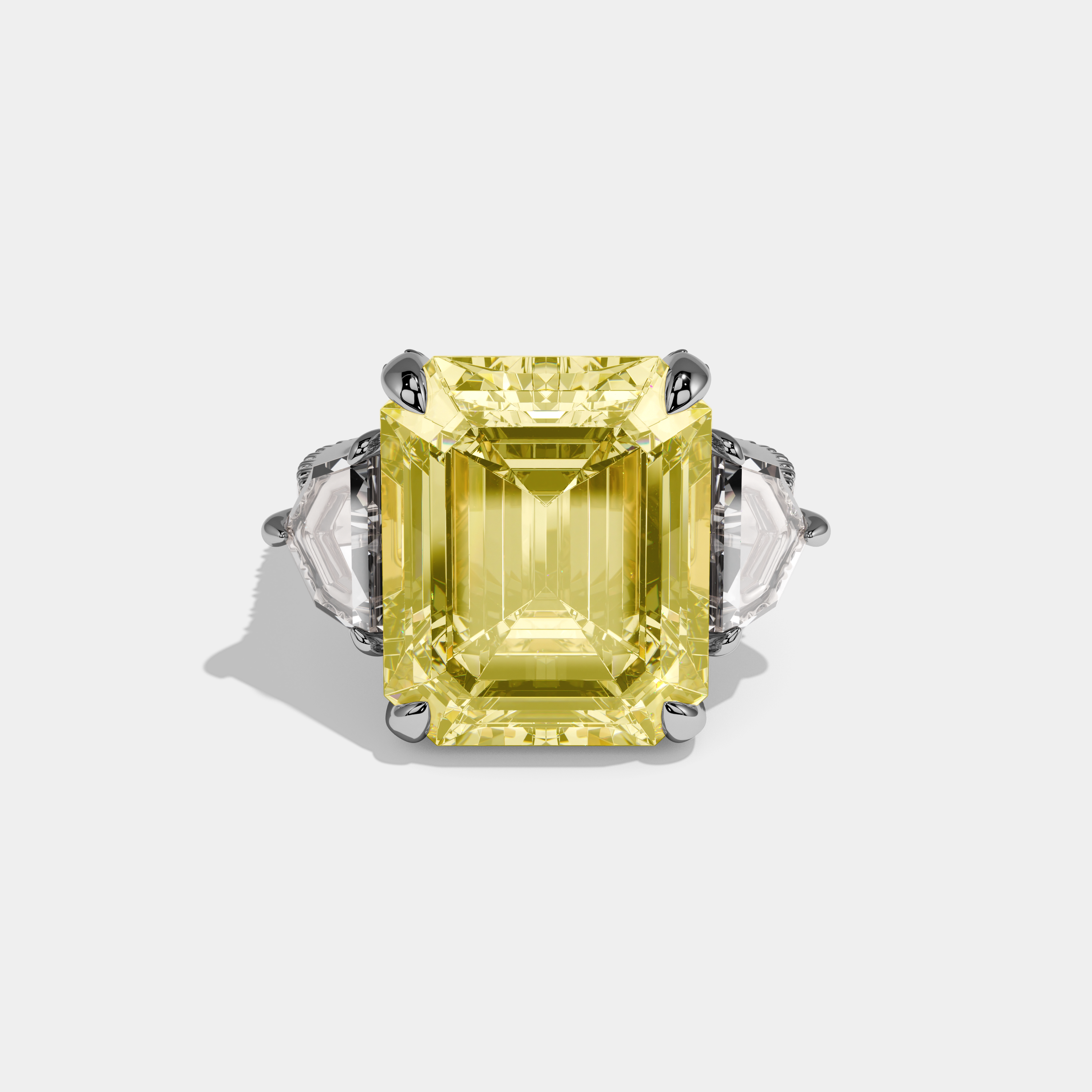 Amina Fancy Yellow Emerald Cut Diamond Band With Pentagon Halo Sides Engagement Ring 10ct 18k White Gold