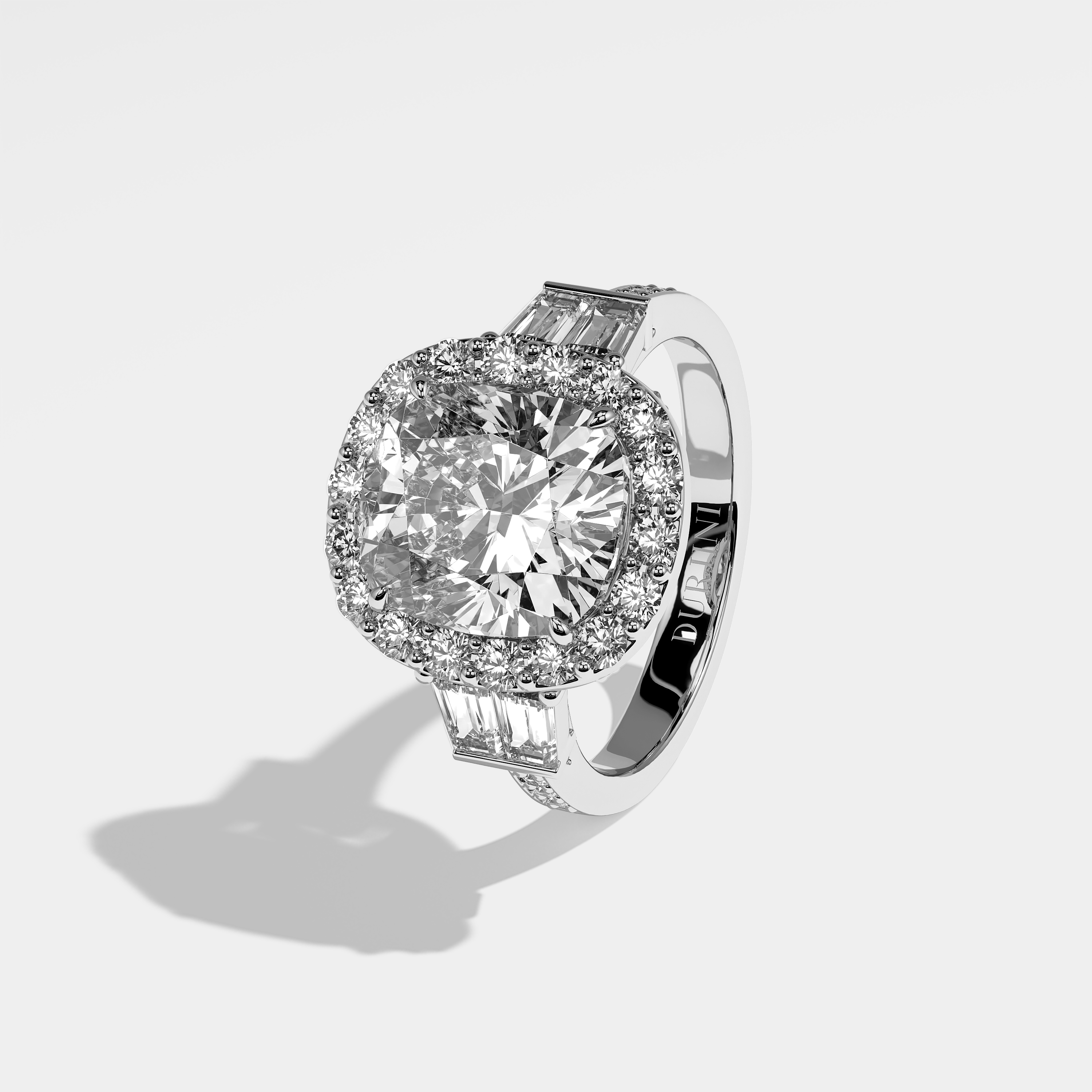 Lauren cushion halo diamond engagement ring in 18K white gold by Kurbãni Durjini, left view