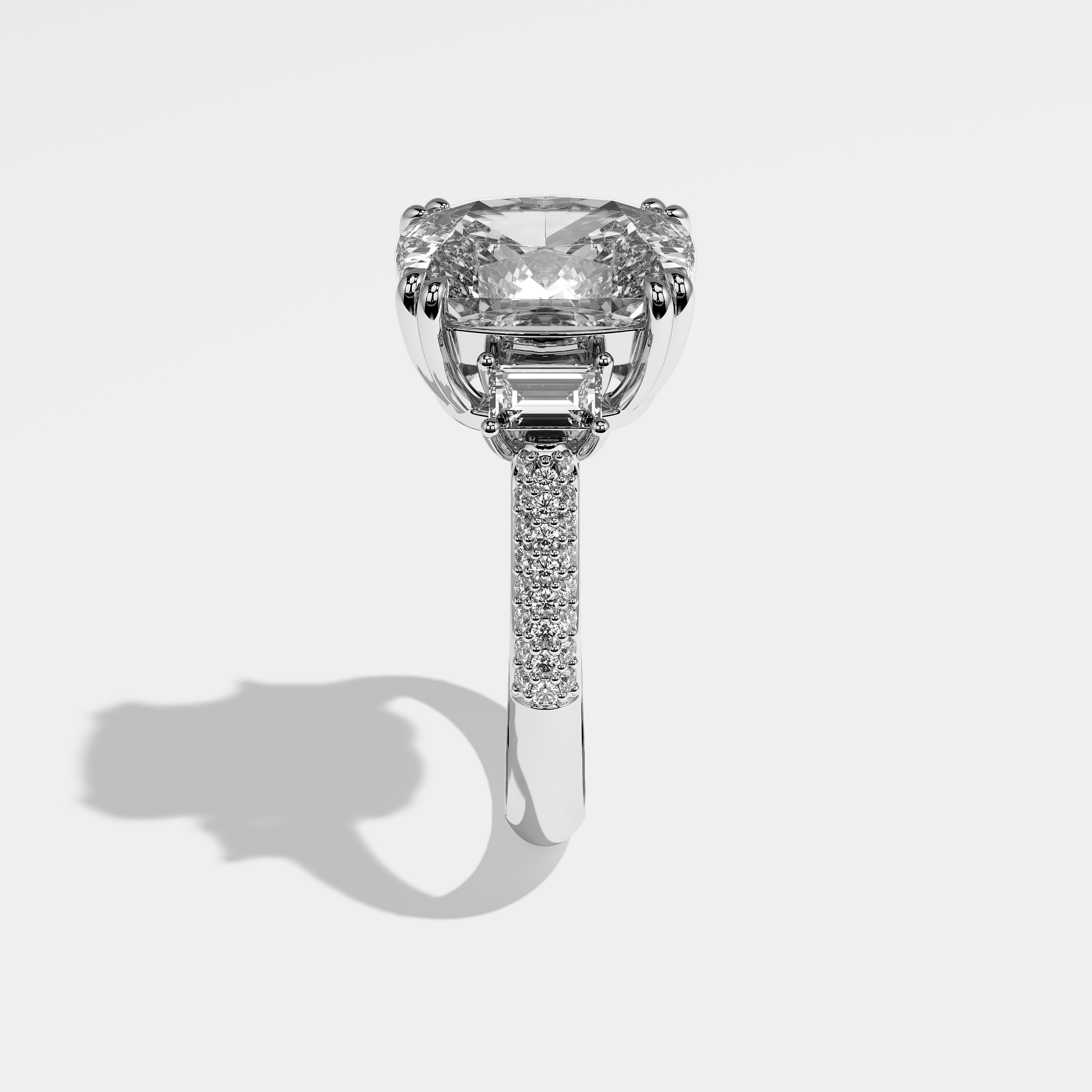 Veronica cushion diamond engagement ring in 18K white gold by Kurbãni Durjini, side view