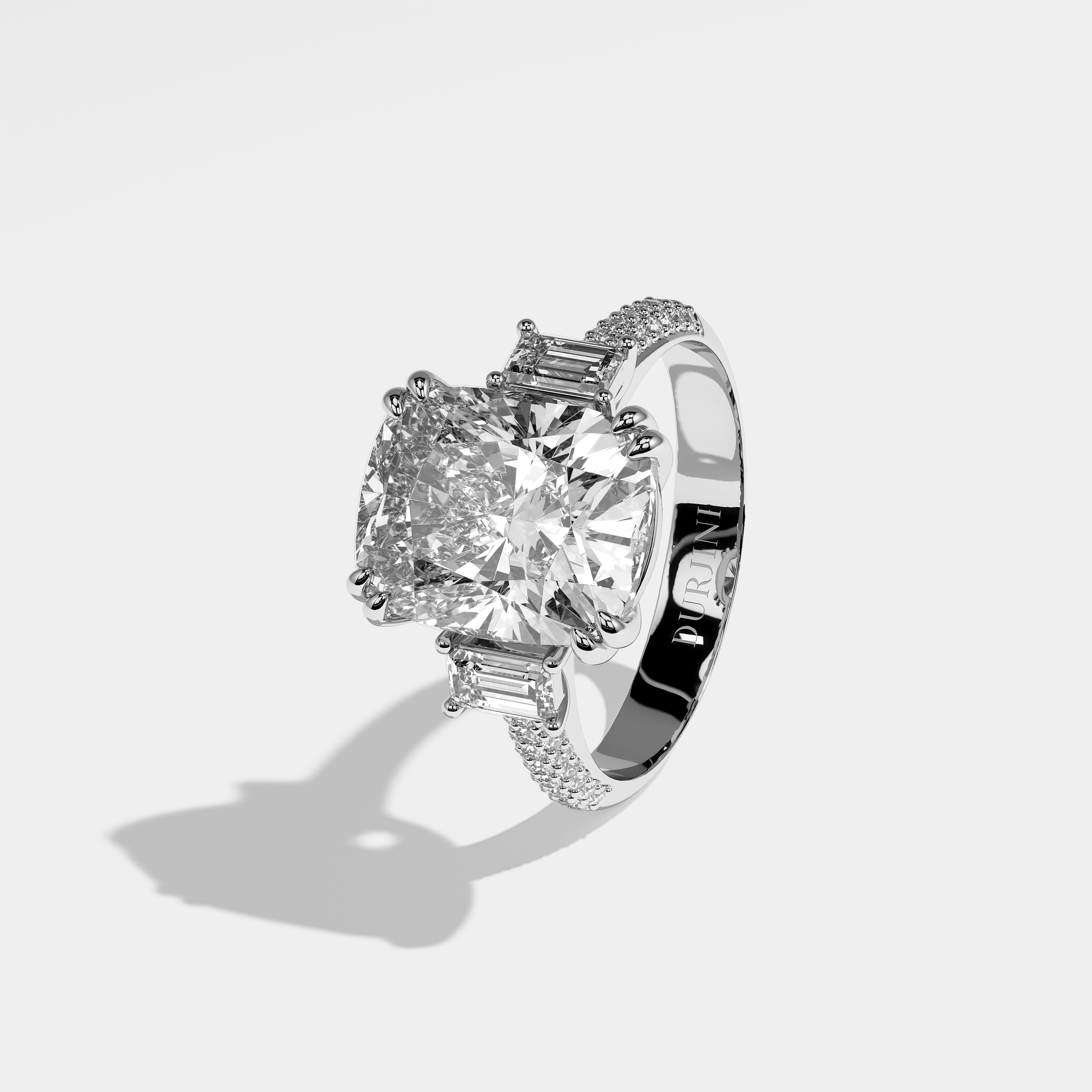 Veronica cushion diamond engagement ring in 18K white gold by Kurbãni Durjini, left view