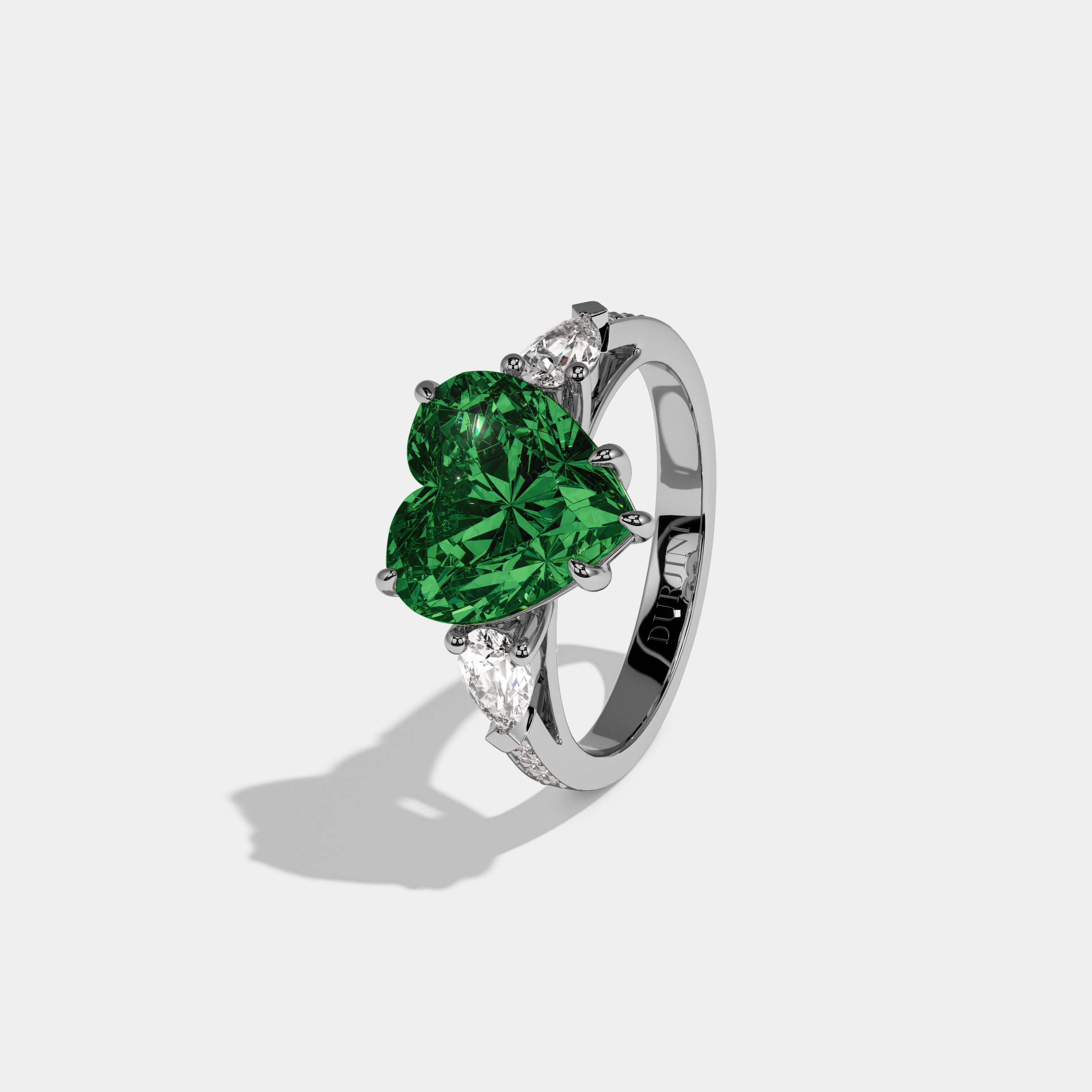 Alexandra Fancy Dark Green Heart Brilliant Cut Diamond Band With Pear Sides Engagement Ring 7ct 18K White Gold
