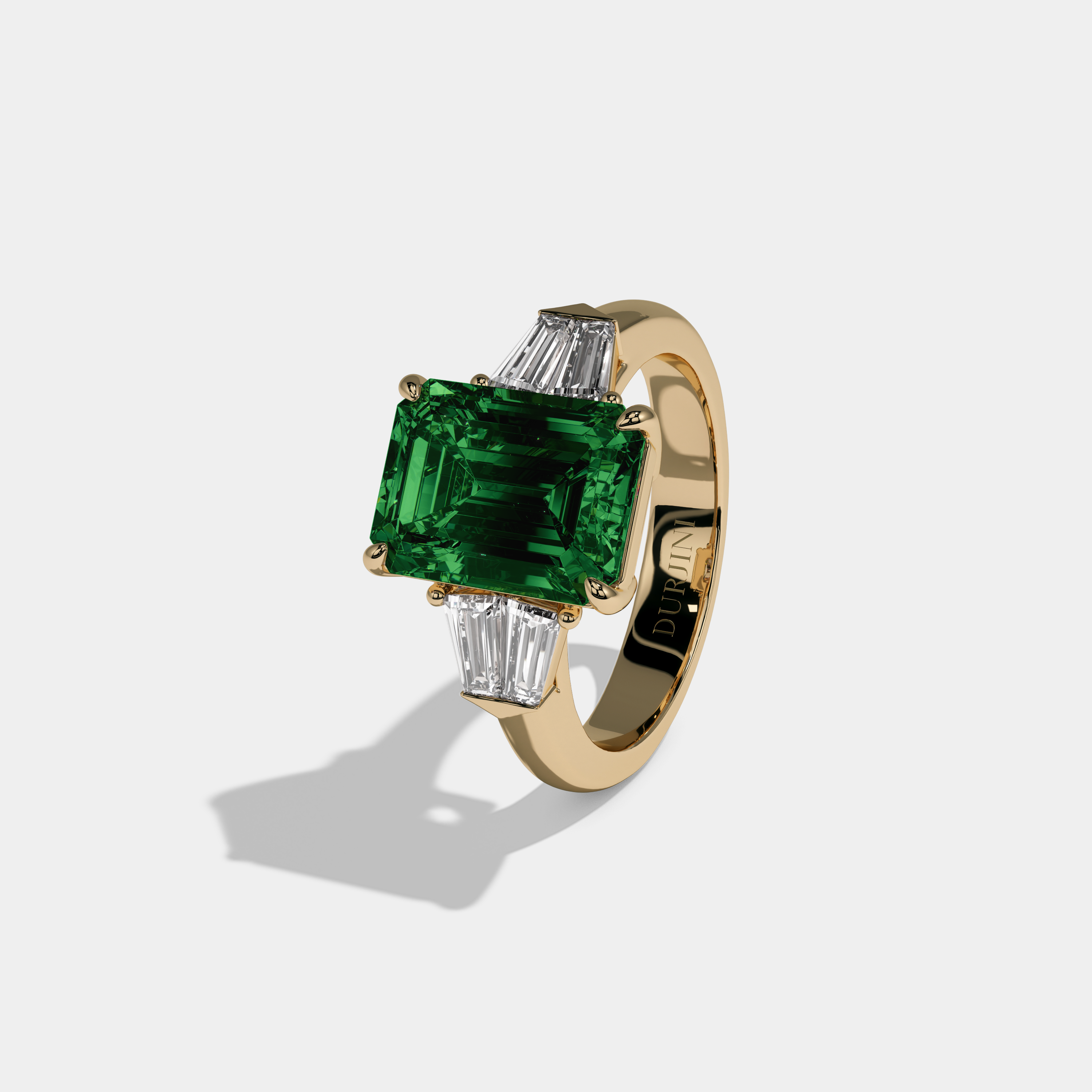 Helena Fancy Dark Green Emerald Cut Diamond Plain Band With Baguette Sides Engagement Ring 6ct 18K Yellow Gold