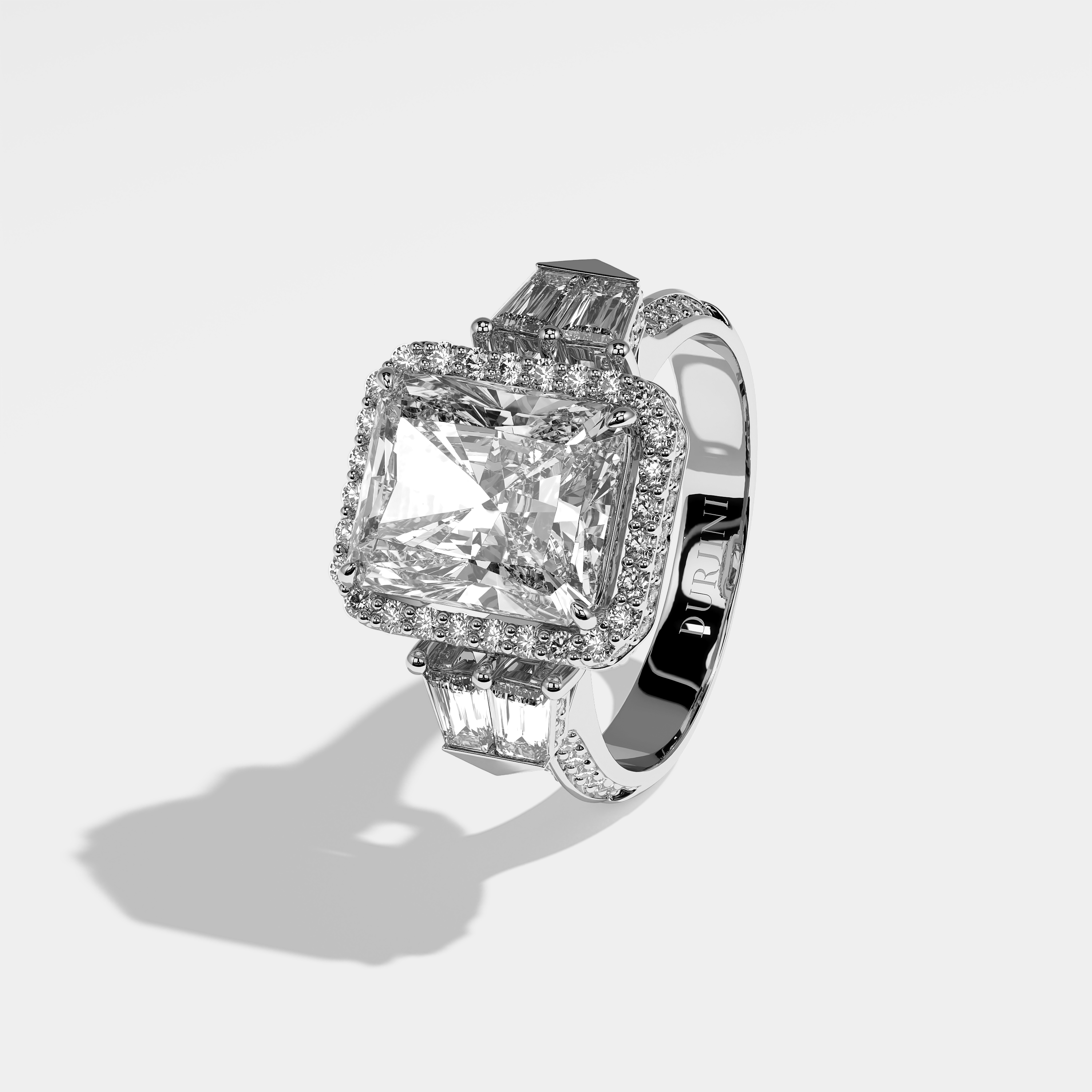 Claudia radiant halo diamond engagement ring in 18K white gold by Kurbãni Durjini, left view