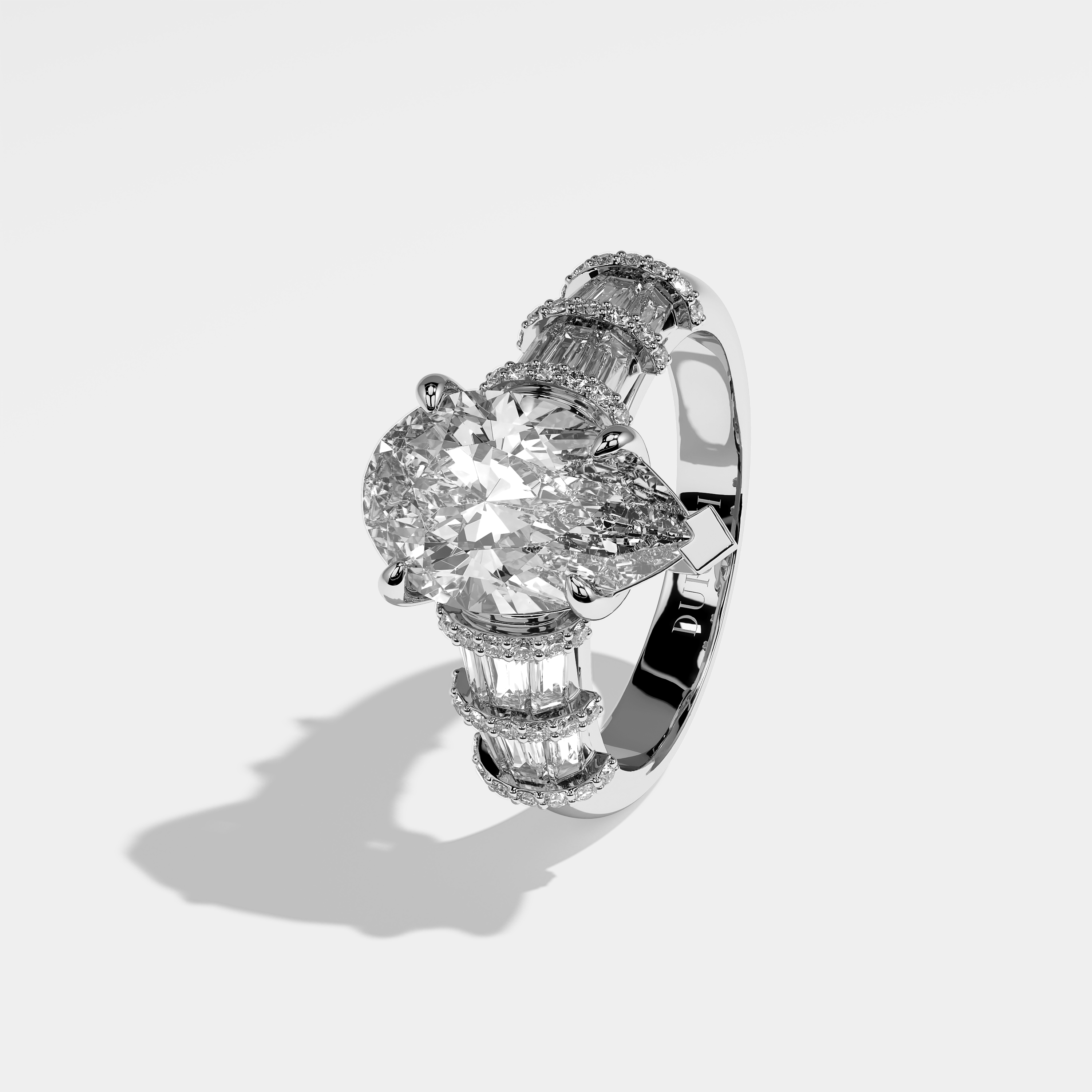 Marybeth pear diamond engagement ring in 18K white gold by Kurbãni Durjini, left view