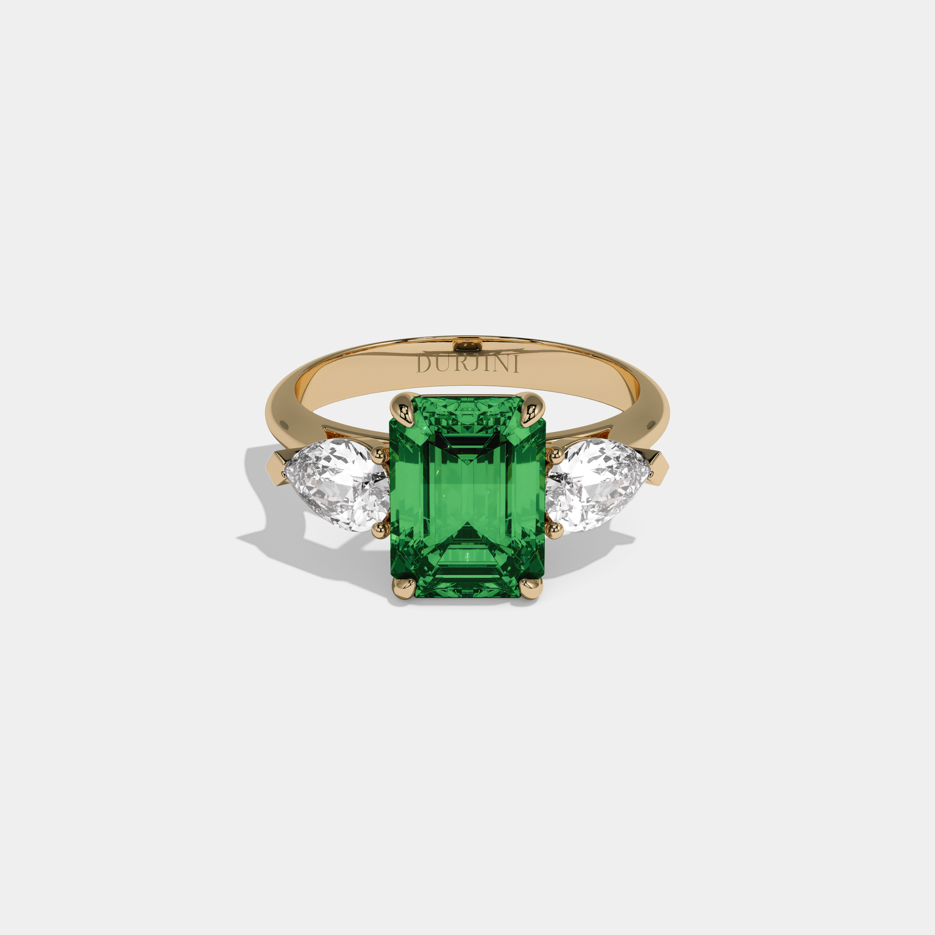 Rowena Fancy Dark Green Emerald Cut Diamond Plain Band With Pear Cut Sides Engagement Ring 6ct 18K Yellow Gold