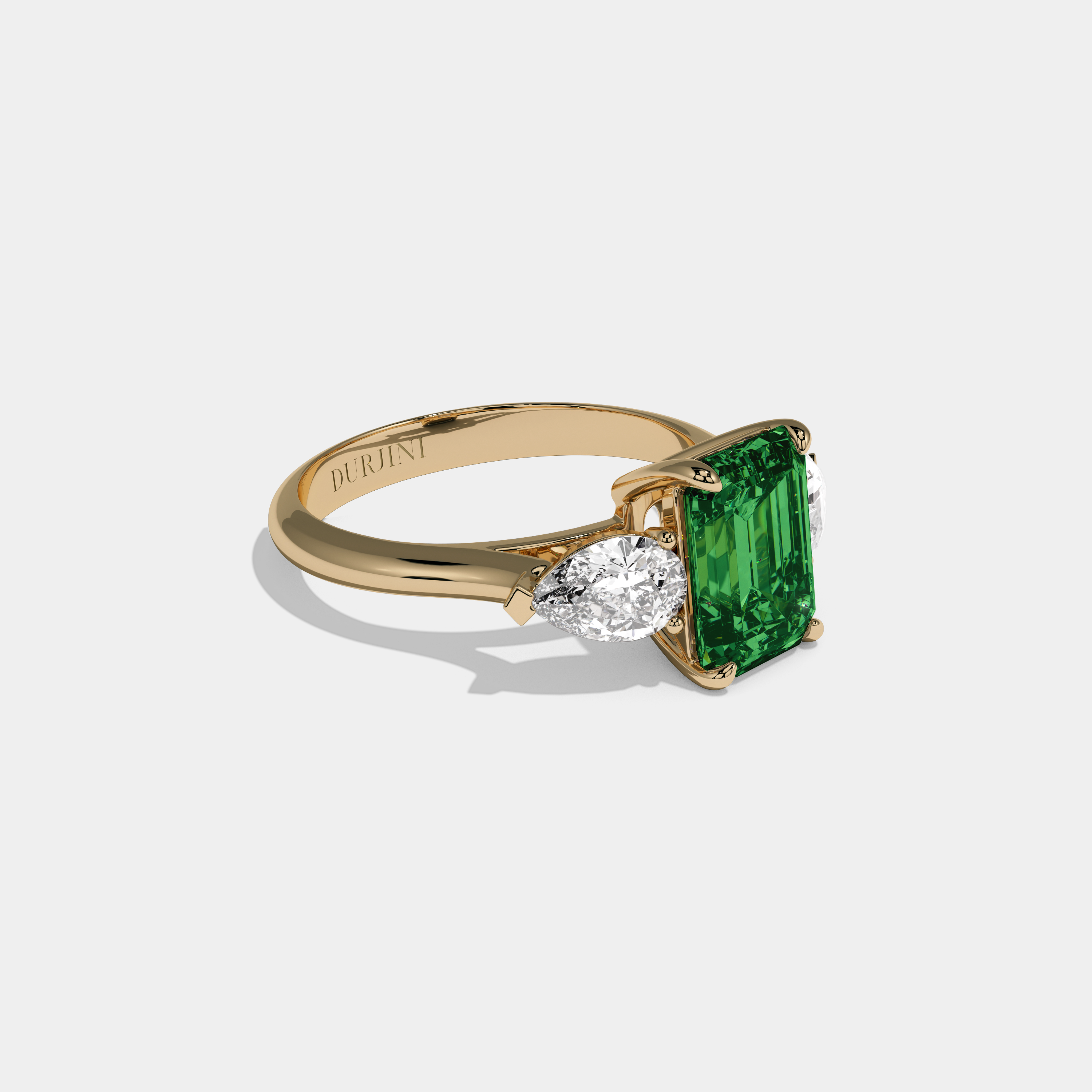 Rowena Fancy Dark Green Emerald Cut Diamond Plain Band With Pear Cut Sides Engagement Ring 6ct 18K Yellow Gold