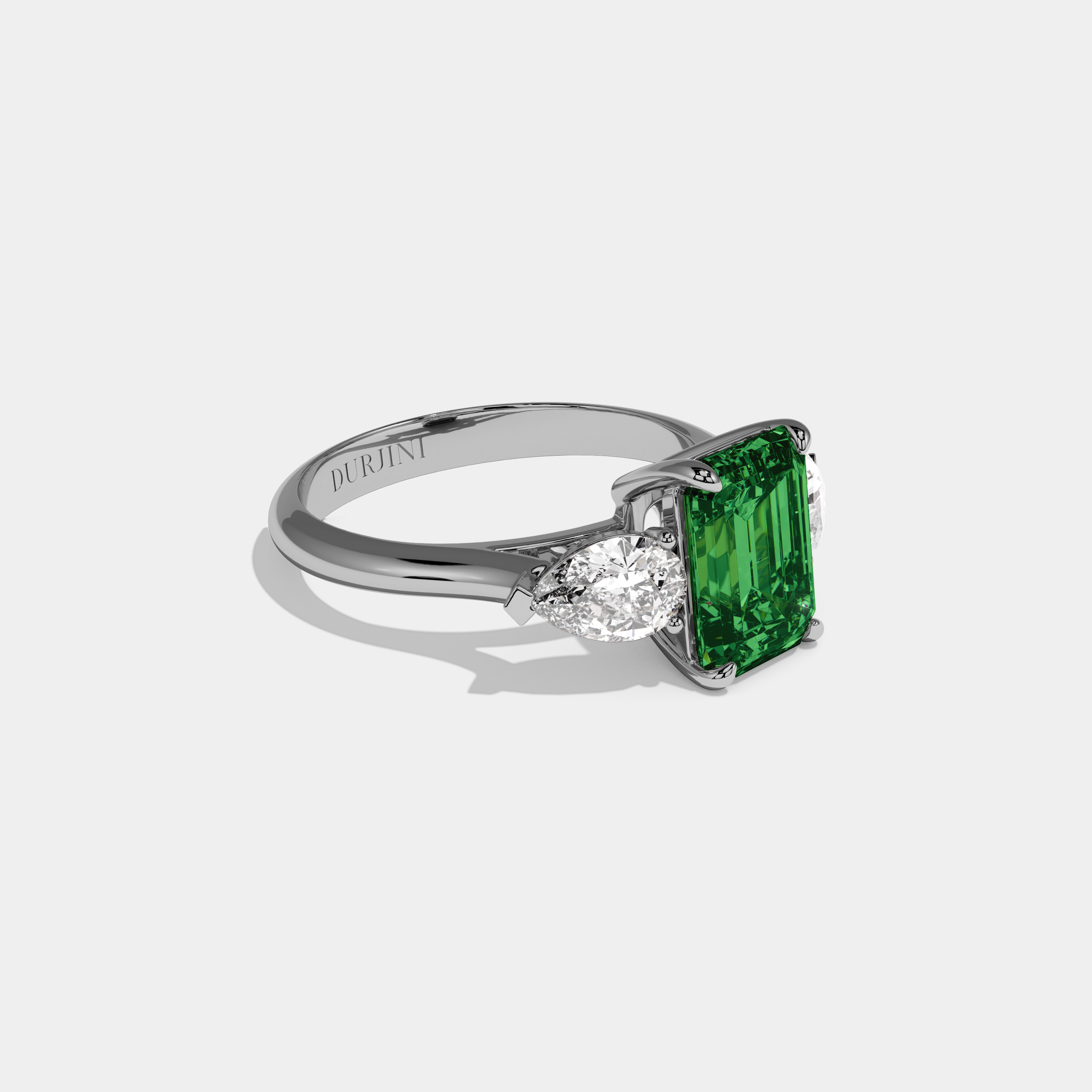 Isadora Fancy Dark Green Emerald Cut Diamond Plain Band With Pear Cut Sides Engagement Ring 6ct 18K White Gold