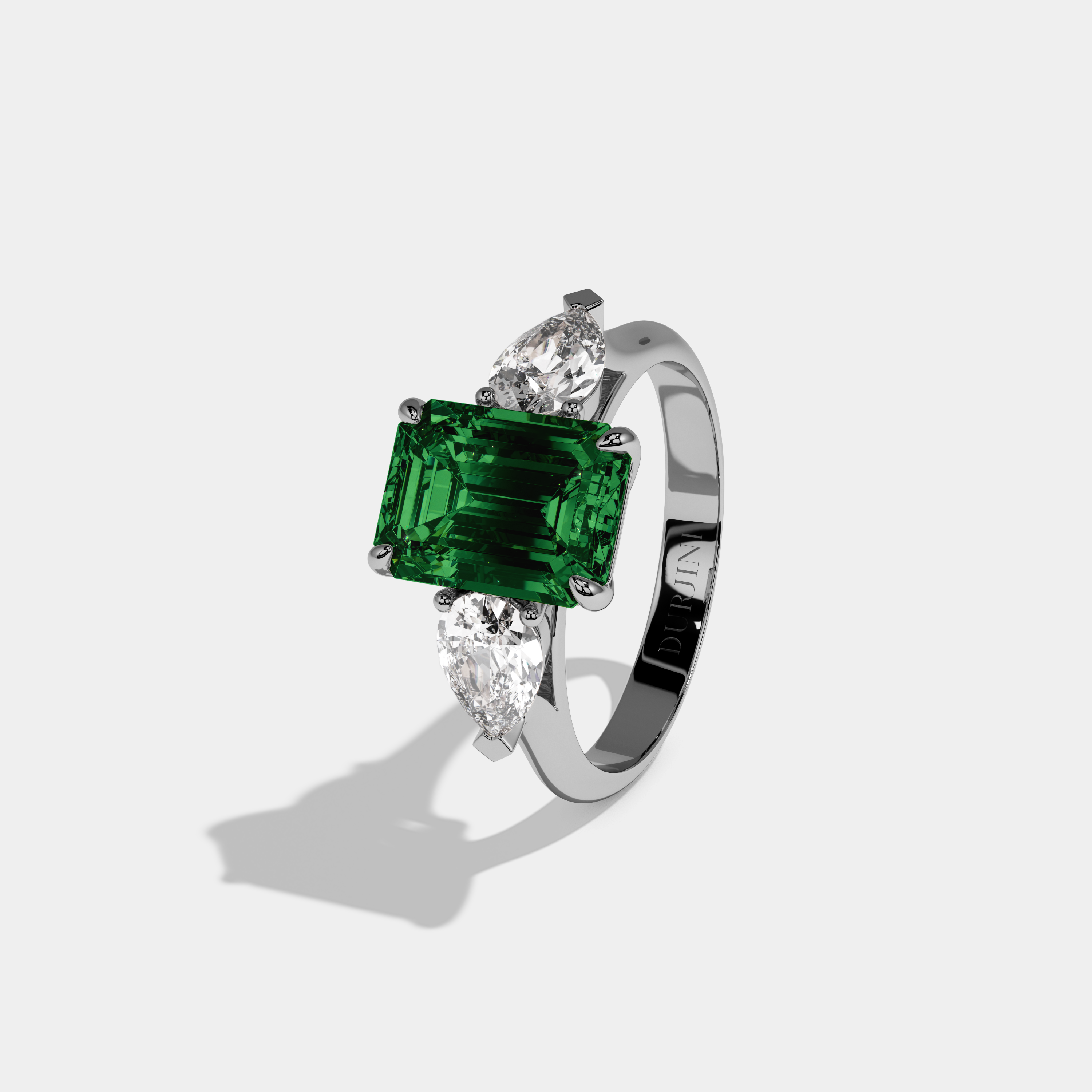 Isadora Fancy Dark Green Emerald Cut Diamond Plain Band With Pear Cut Sides Engagement Ring 6ct 18K White Gold