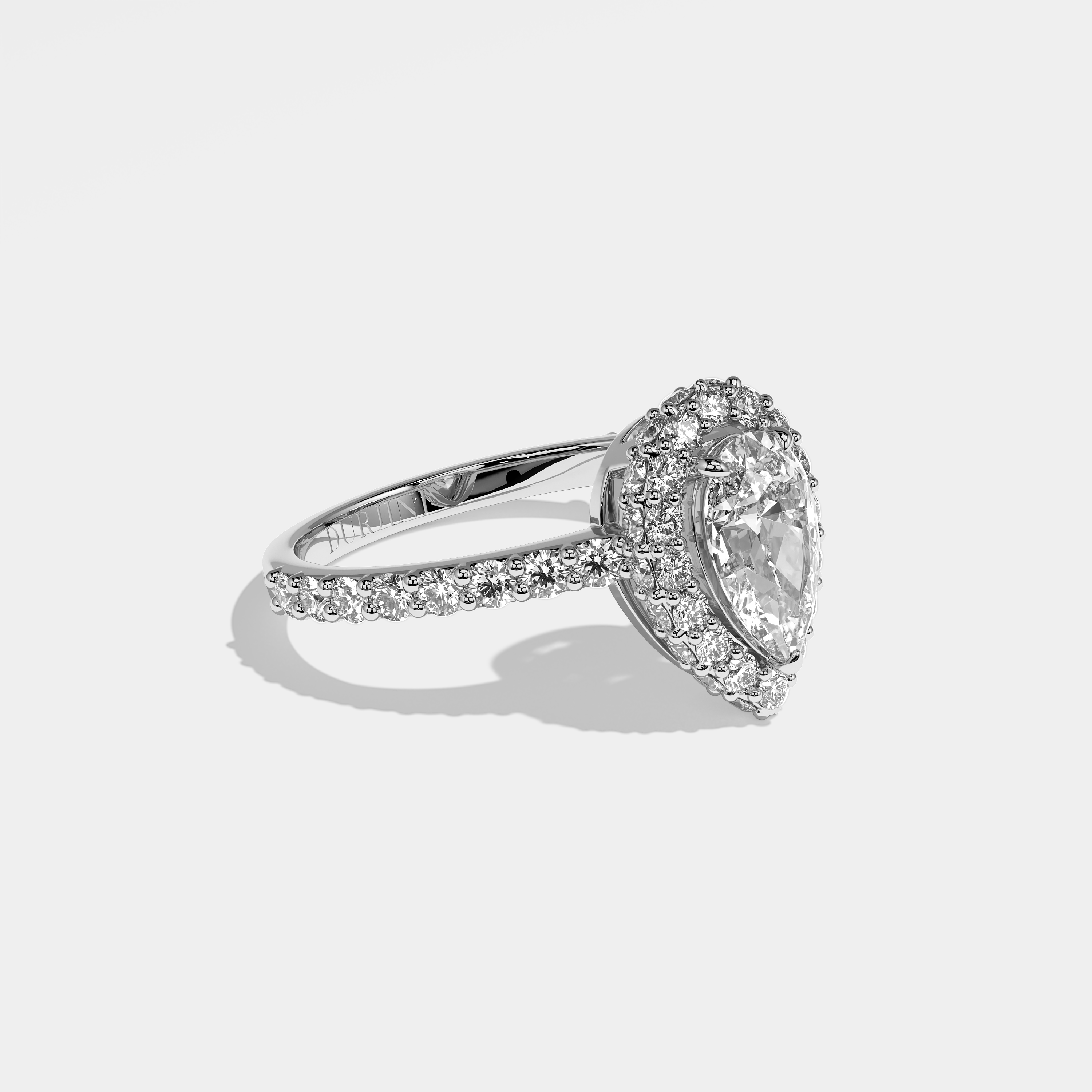 Lori pear halo diamond engagement ring in 18K white gold by Kurbãni Durjini, right view
