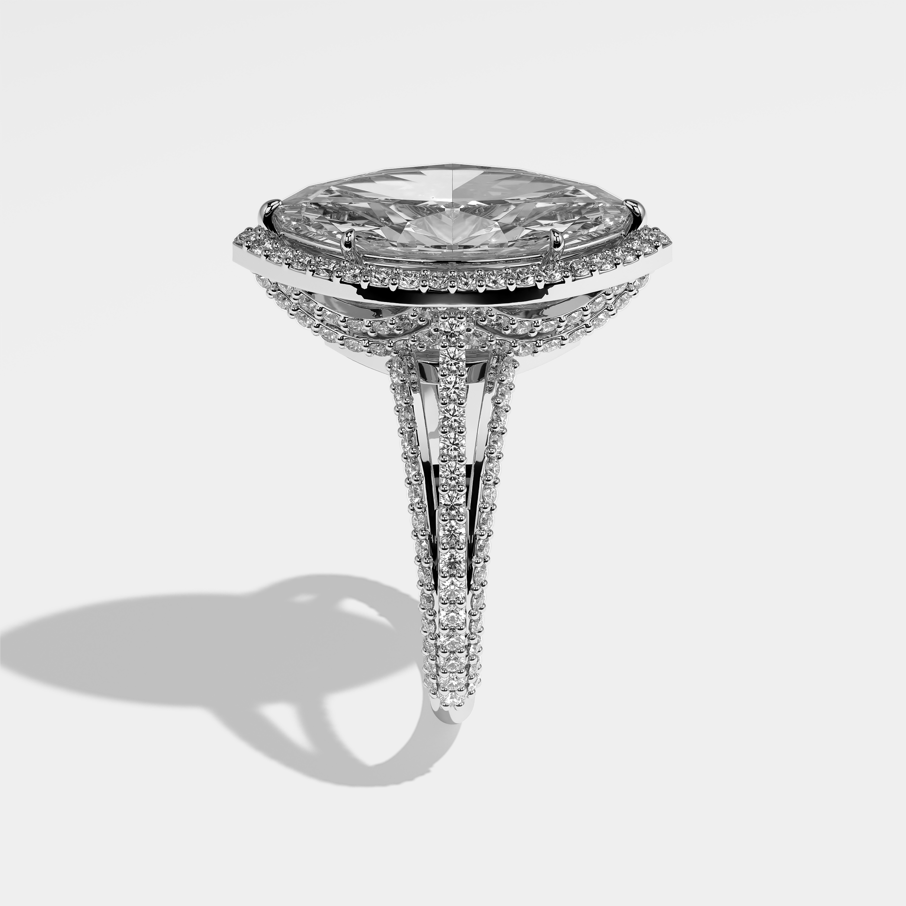 Gale marquise halo diamond engagement ring in 18K white gold by Kurbãni Durjini, side view