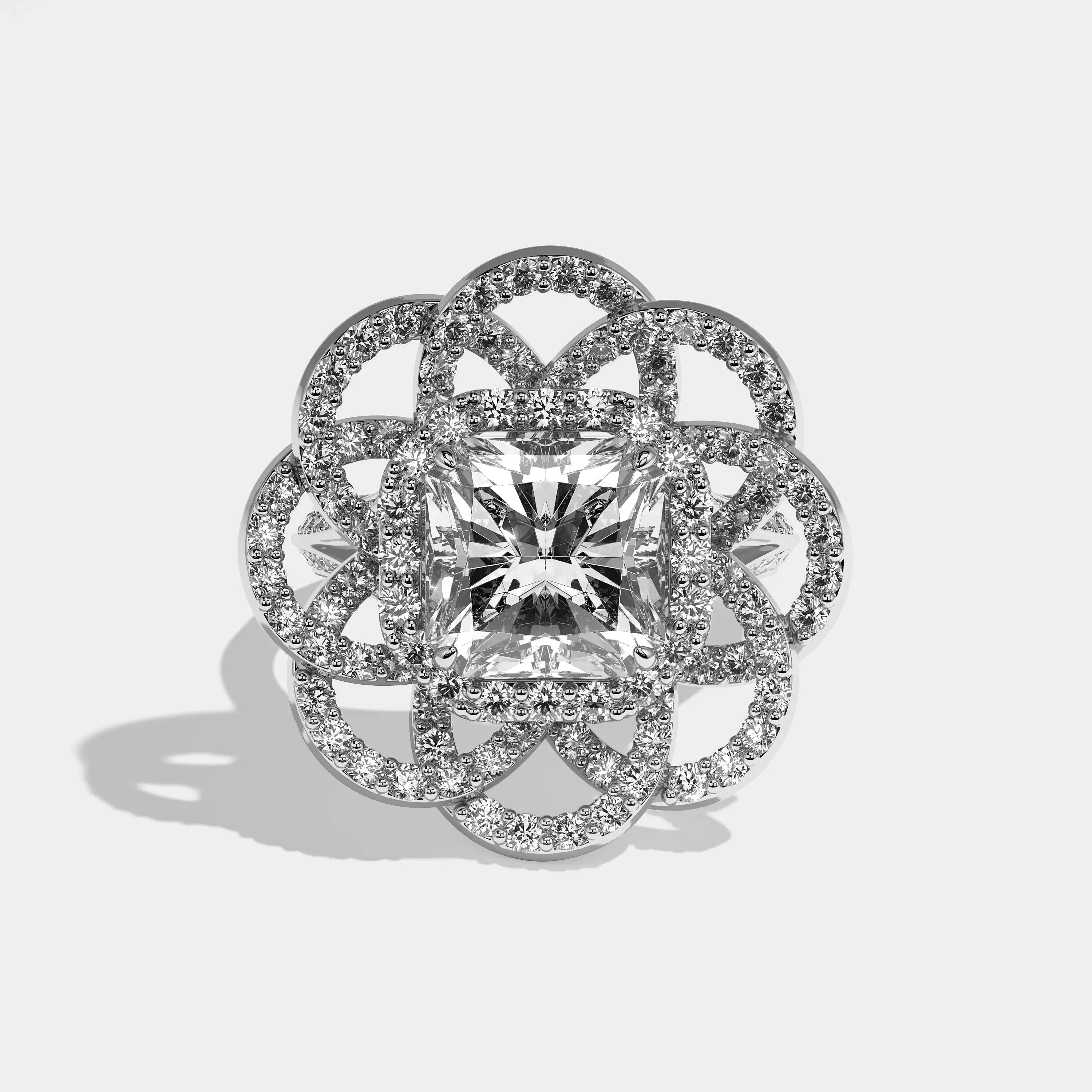 Eve radiant halo diamond engagement ring in 18K white gold by Kurbãni Durjini, front view