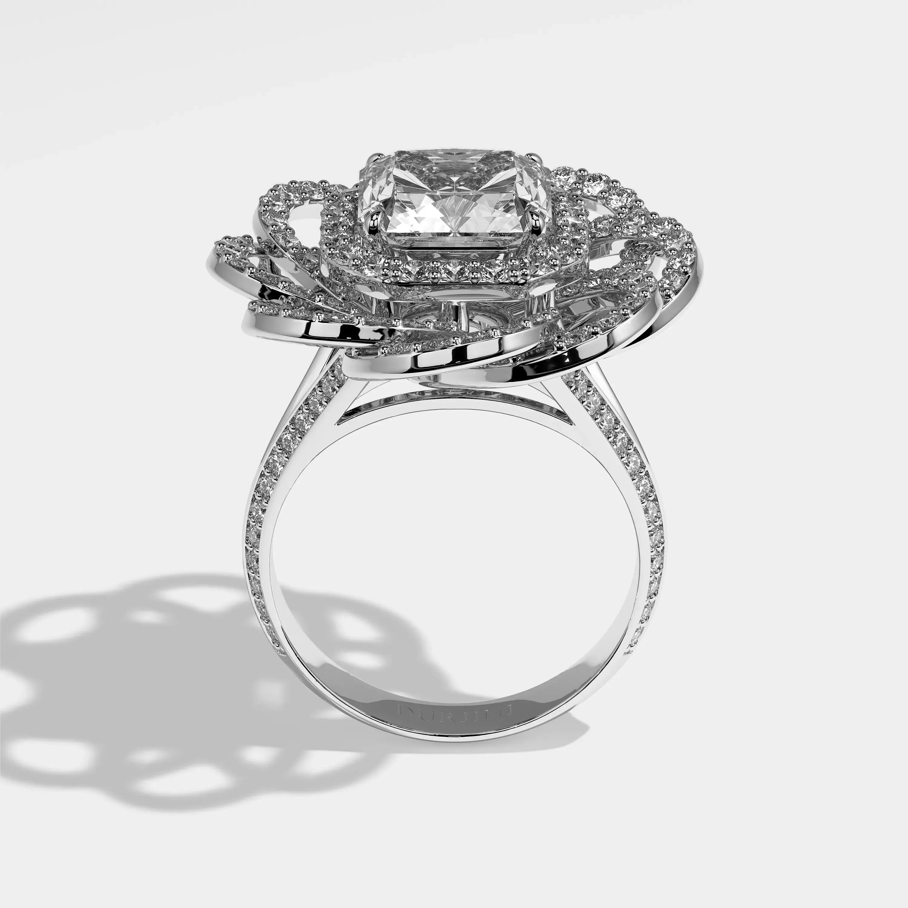 Eve radiant halo diamond engagement ring in 18K white gold by Kurbãni Durjini, full view