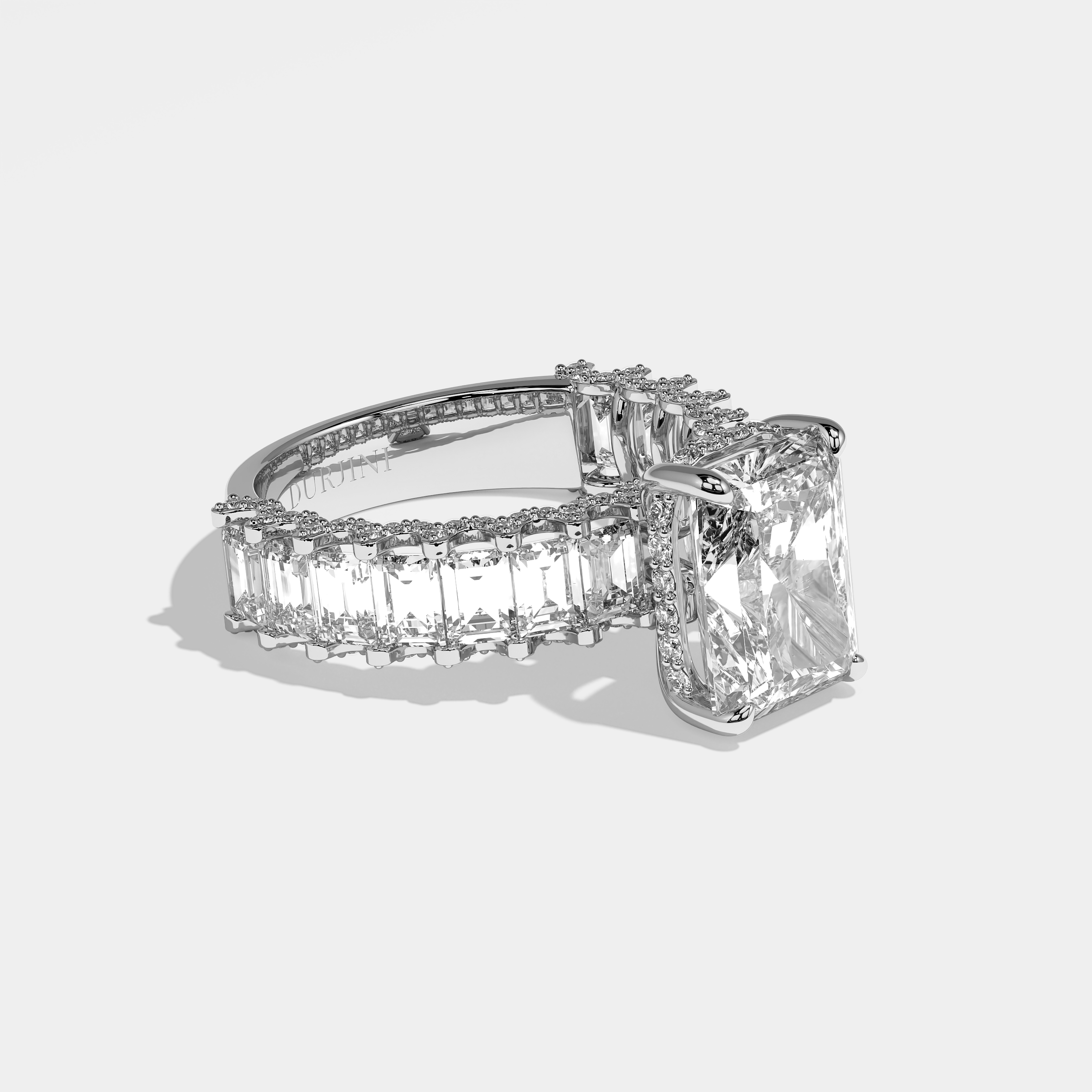Fallen radiant halo diamond engagement ring in 18K white gold by Kurbãni Durjini, right view