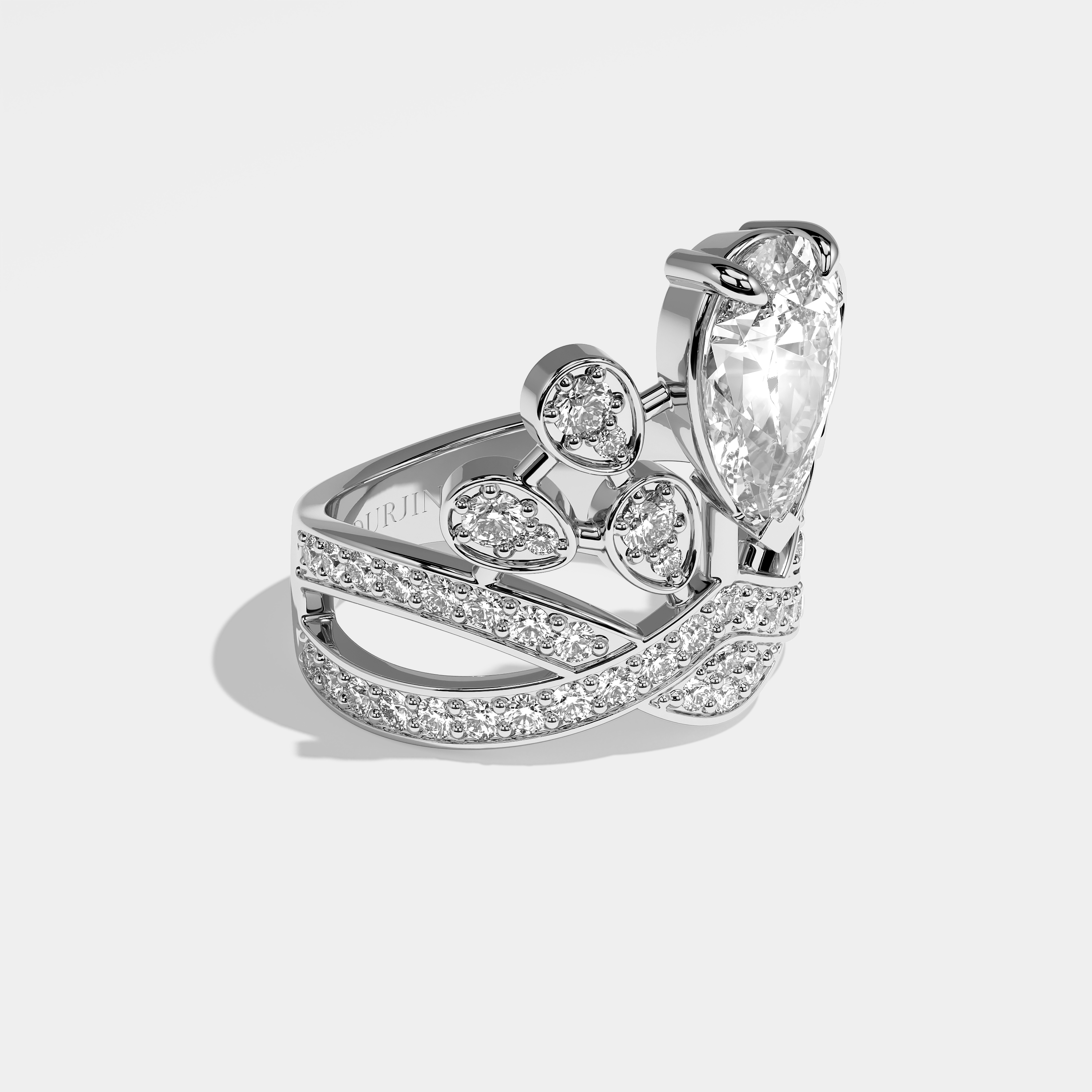 Velar pear diamond engagement ring in 18K white gold by Kurbãni Durjini, right view