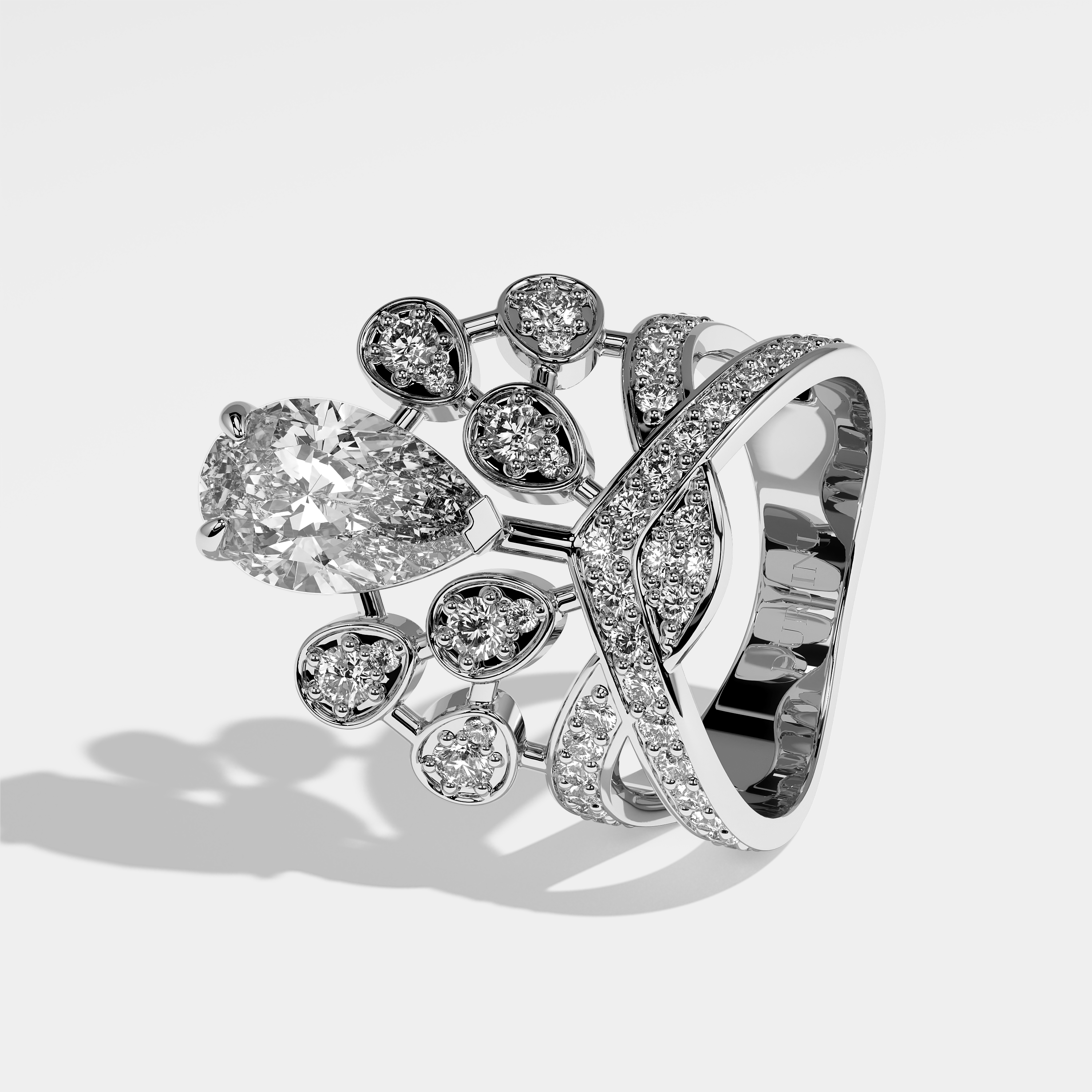 Velar pear diamond engagement ring in 18K white gold by Kurbãni Durjini, left view