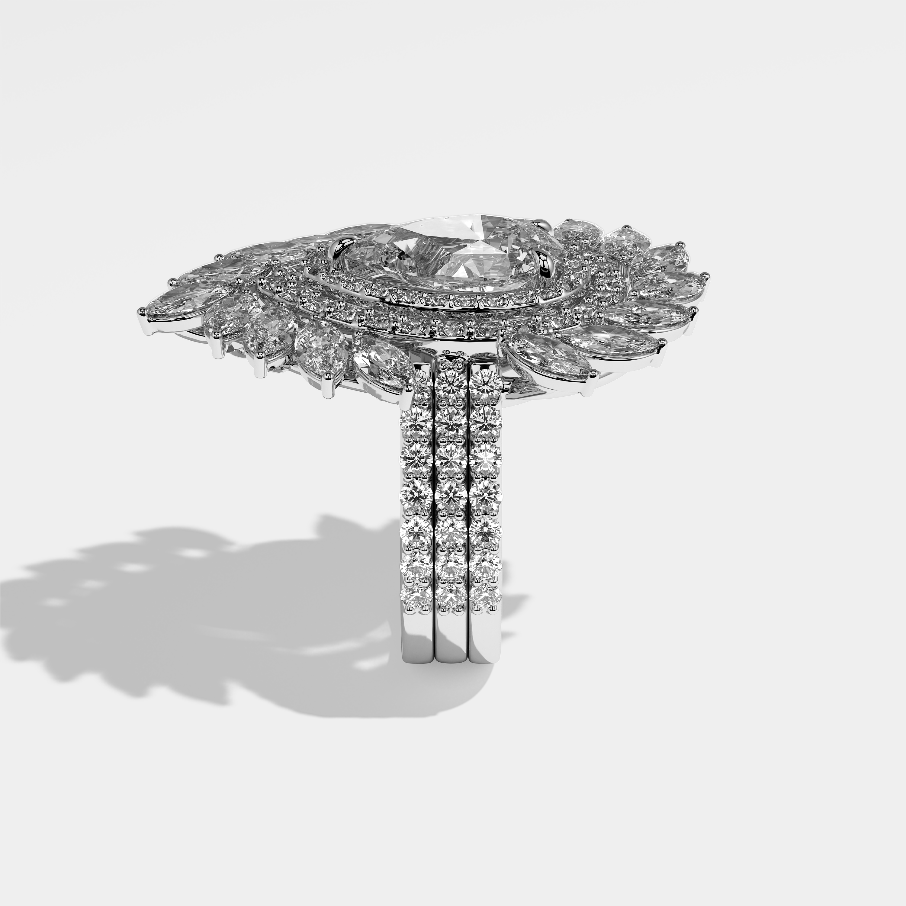 Rosaline pear halo diamond engagement ring in 18K white gold by Kurbãni Durjini, side view