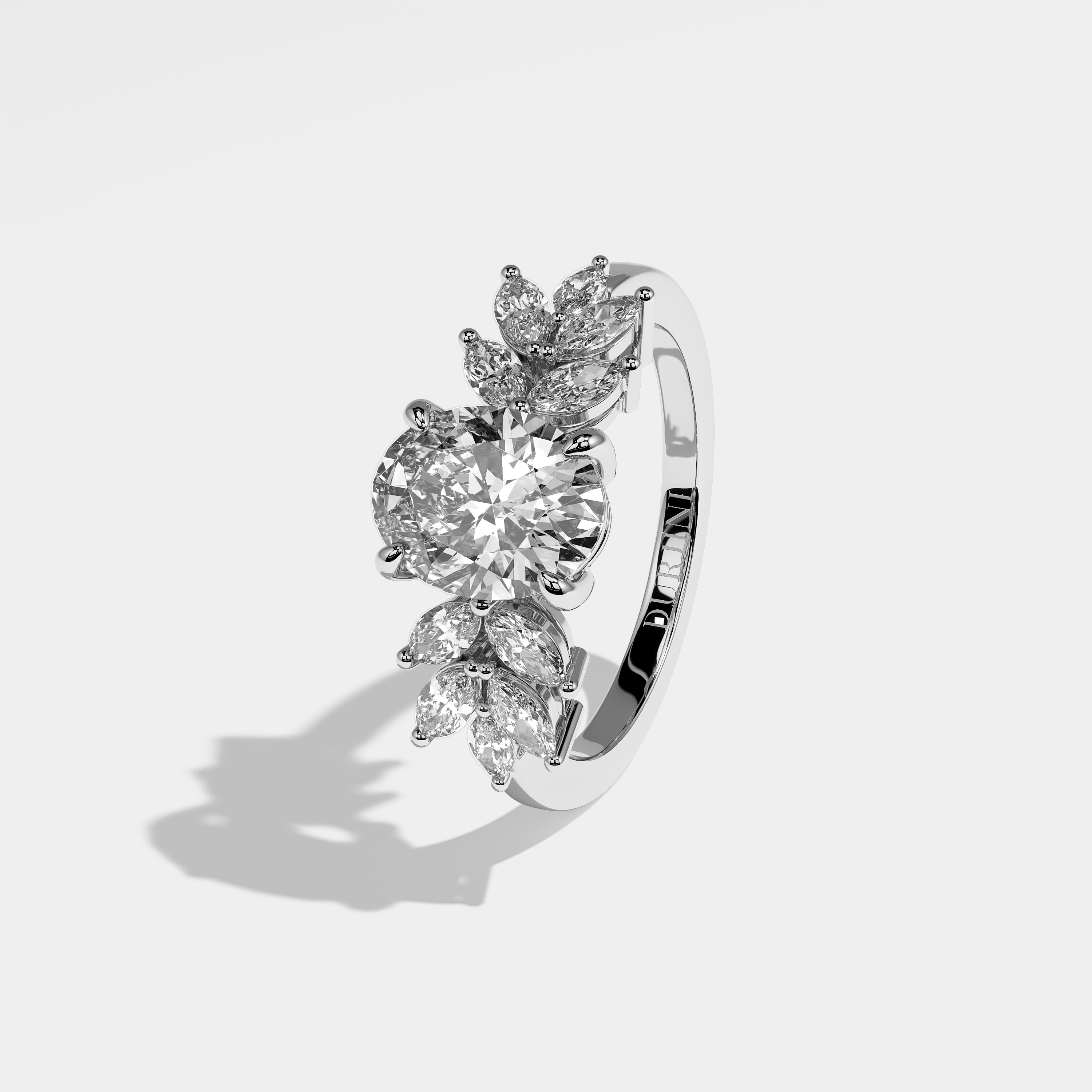 Thalia oval diamond engagement ring in 18K white gold by Kurbãni Durjini, left view