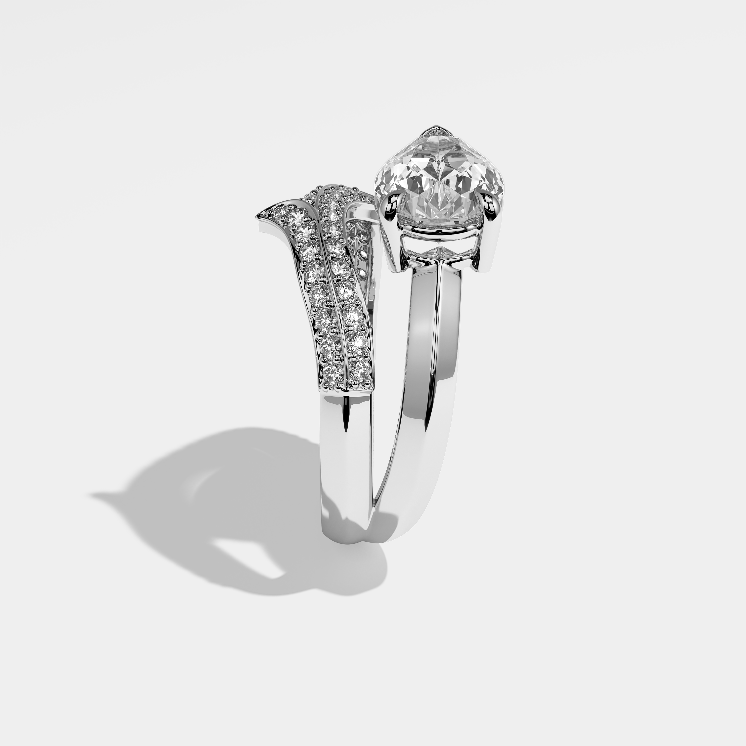 Anya pear diamond engagement ring in 18K white gold by Kurbãni Durjini, side view