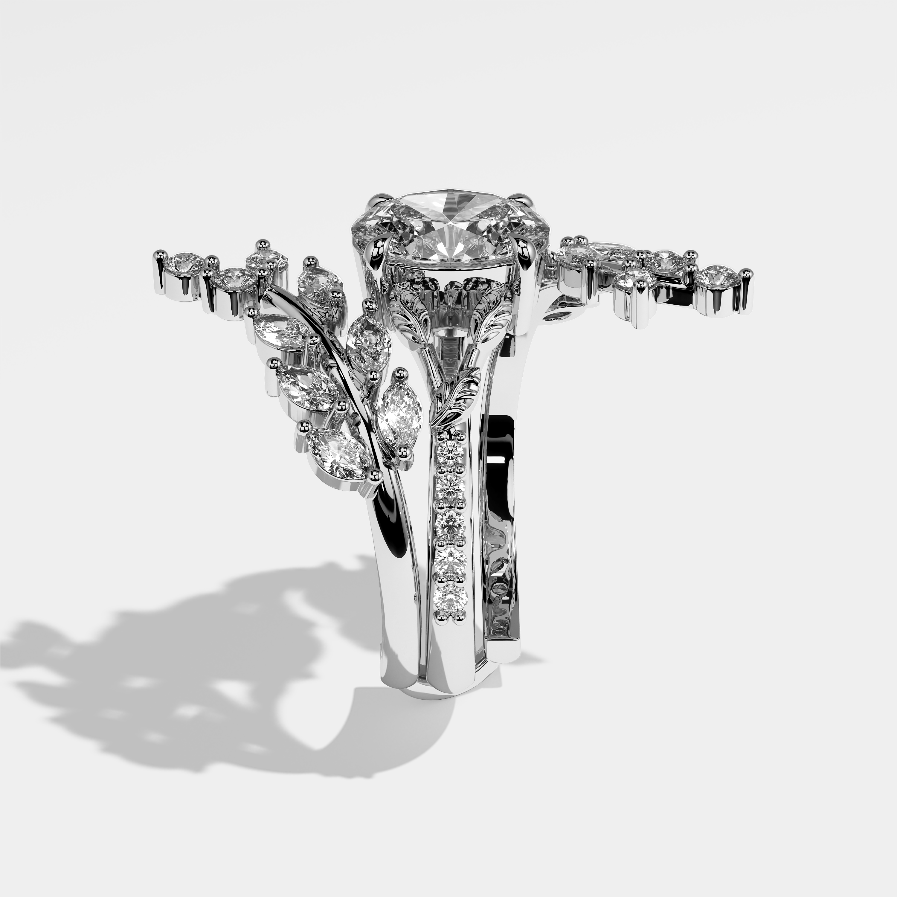 Aurora oval halo diamond engagement ring in 18K white gold by Kurbãni Durjini, side view