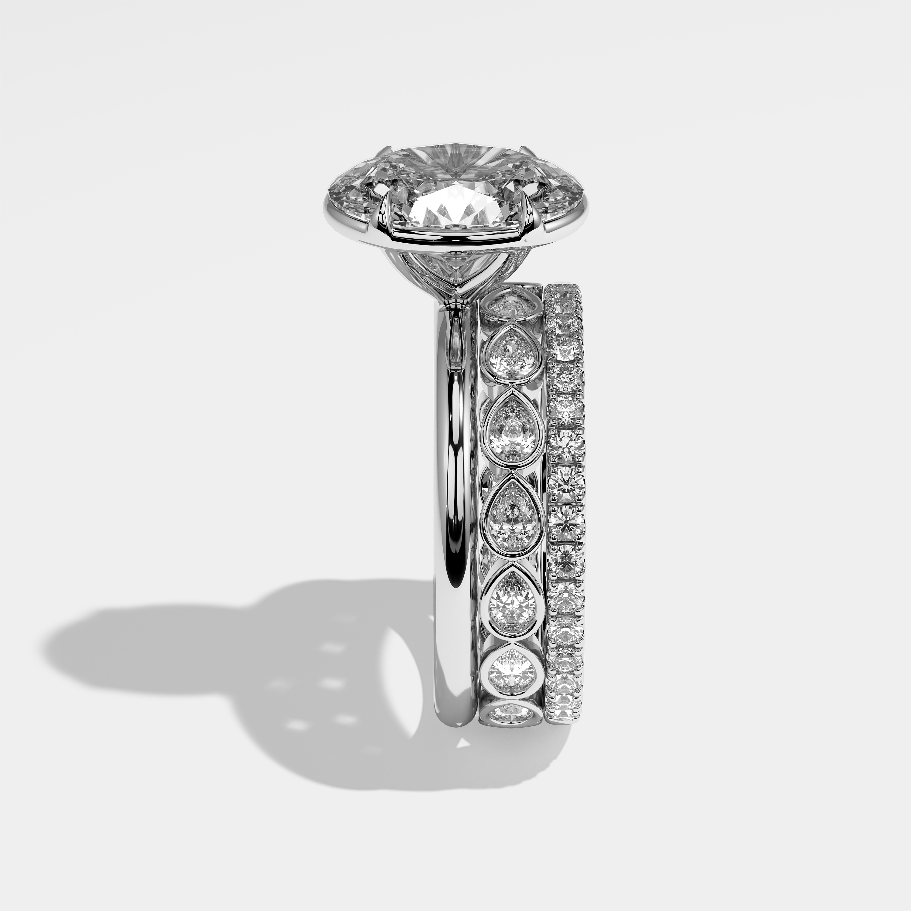 Side View – Kurbãni Durjini Ailsa Diamond Oval Halo Engagement Ring White Gold (Set Of 3 Rings)