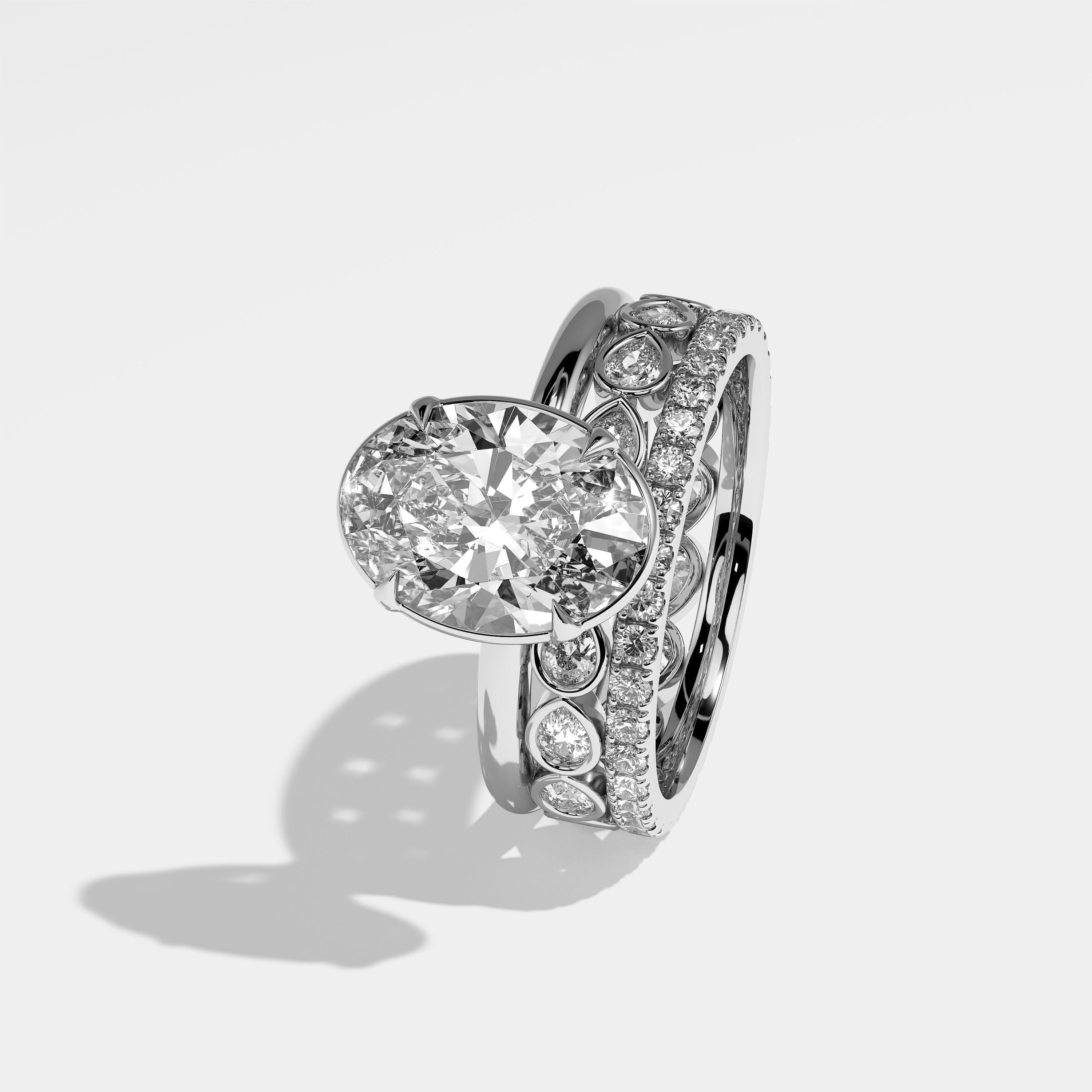 Left View – Kurbãni Durjini Ailsa Diamond Oval Halo Engagement Ring White Gold (Set Of 3 Rings)