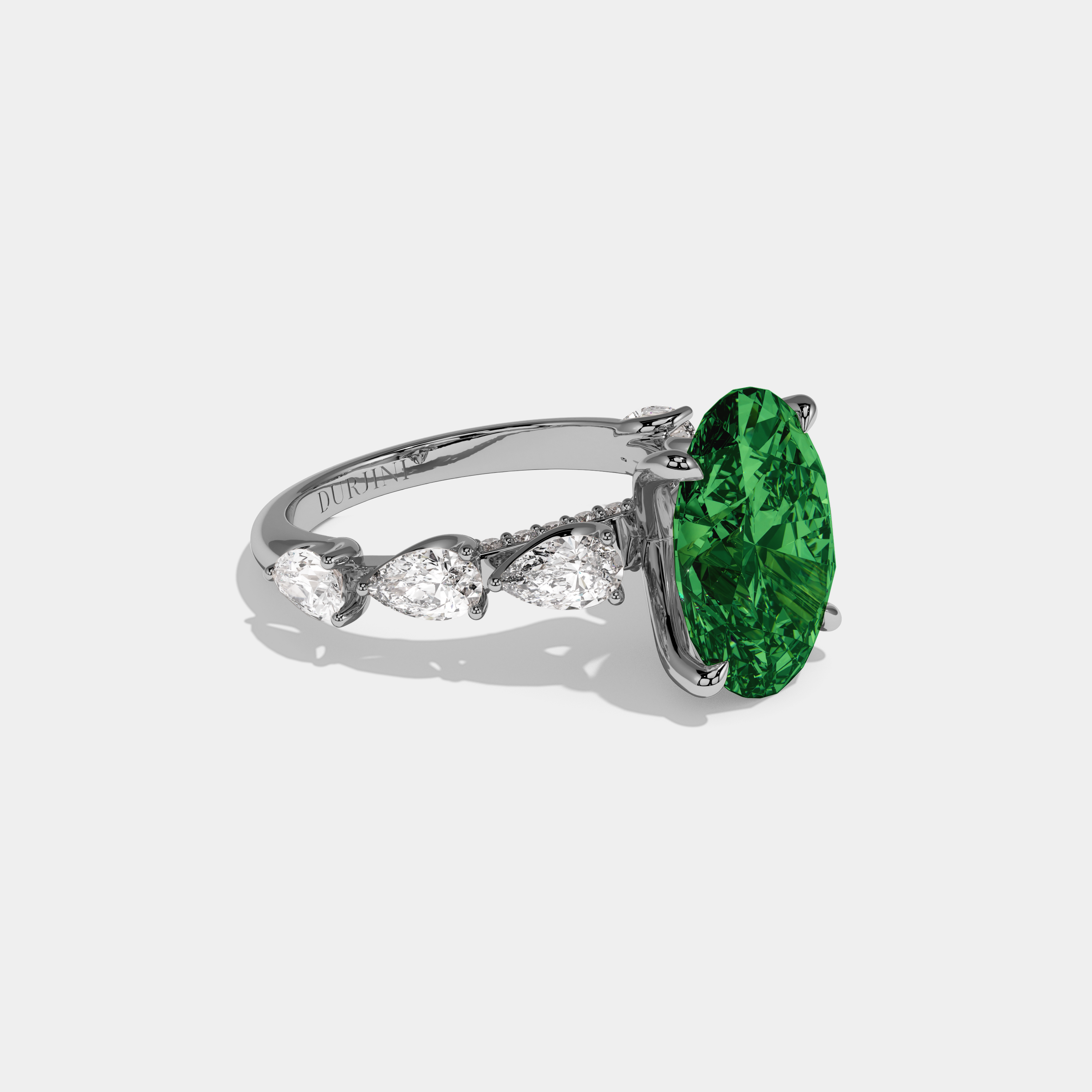 Alexandra Fancy Dark Green Oval Cut Diamond Band With Pear Cuts Engagement Ring 6ct 18K White Gold