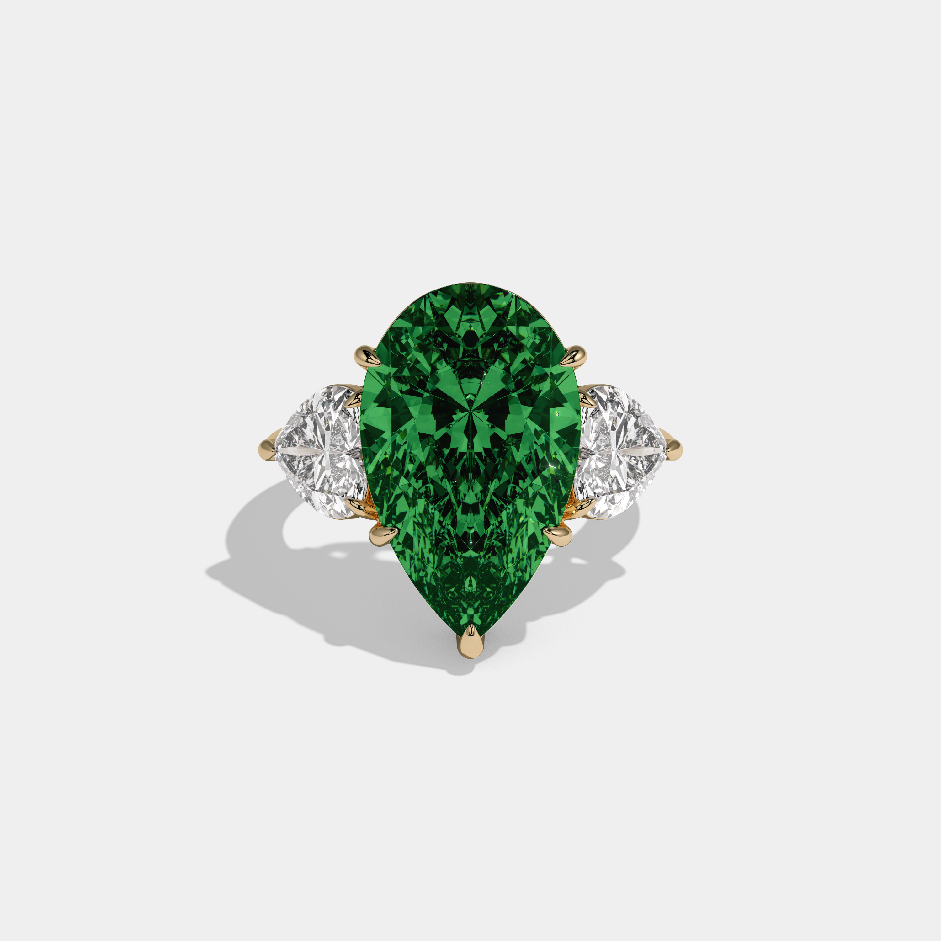 Mary Fancy Dark Green Pear Cut Diamond Plain Band With Heart Cut Sides Engagement Ring 6ct 18K Yellow Gold