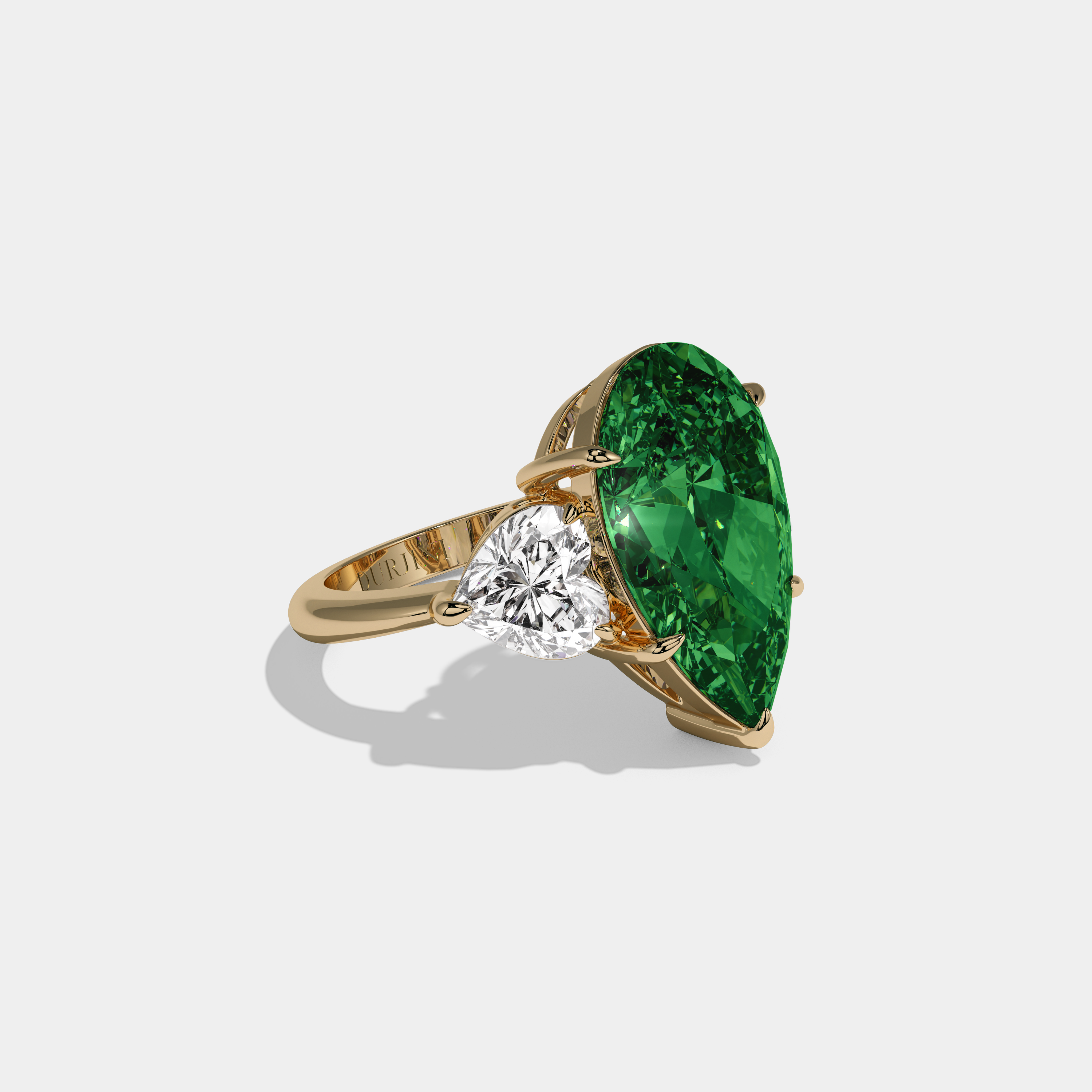Mary Fancy Dark Green Pear Cut Diamond Plain Band With Heart Cut Sides Engagement Ring 6ct 18K Yellow Gold
