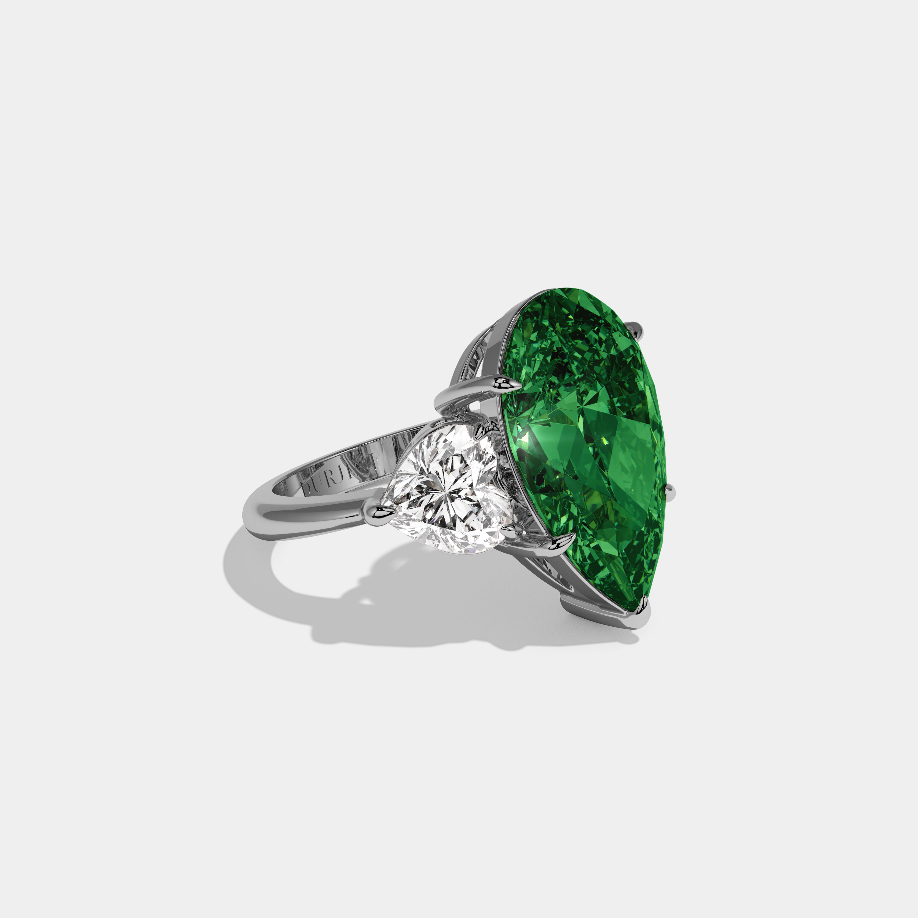 Adelaide Fancy Dark Green Pear Cut Diamond Plain Band With Heart Cut Sides Engagement Ring 6ct 18K White Gold