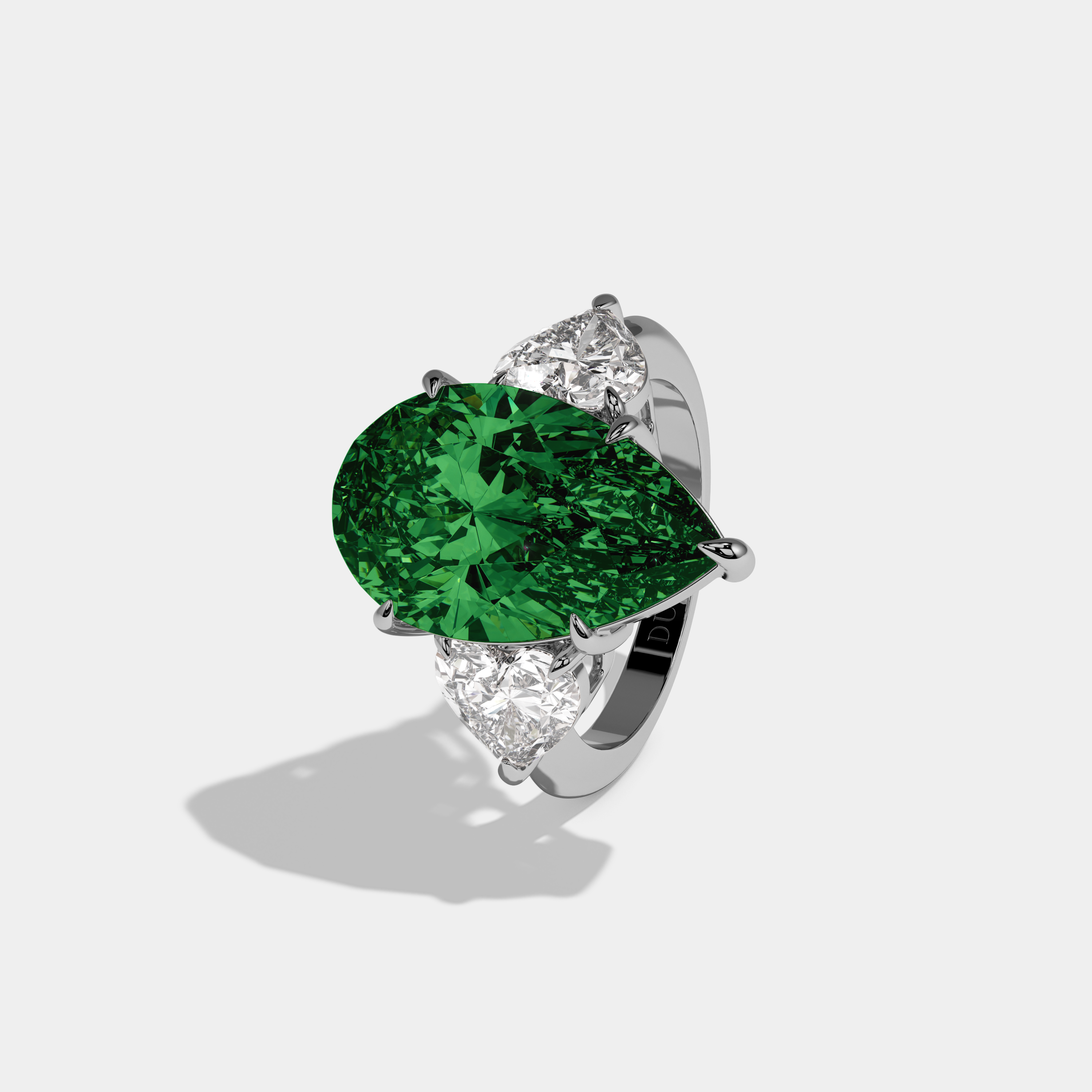 Adelaide Fancy Dark Green Pear Cut Diamond Plain Band With Heart Cut Sides Engagement Ring 6ct 18K White Gold