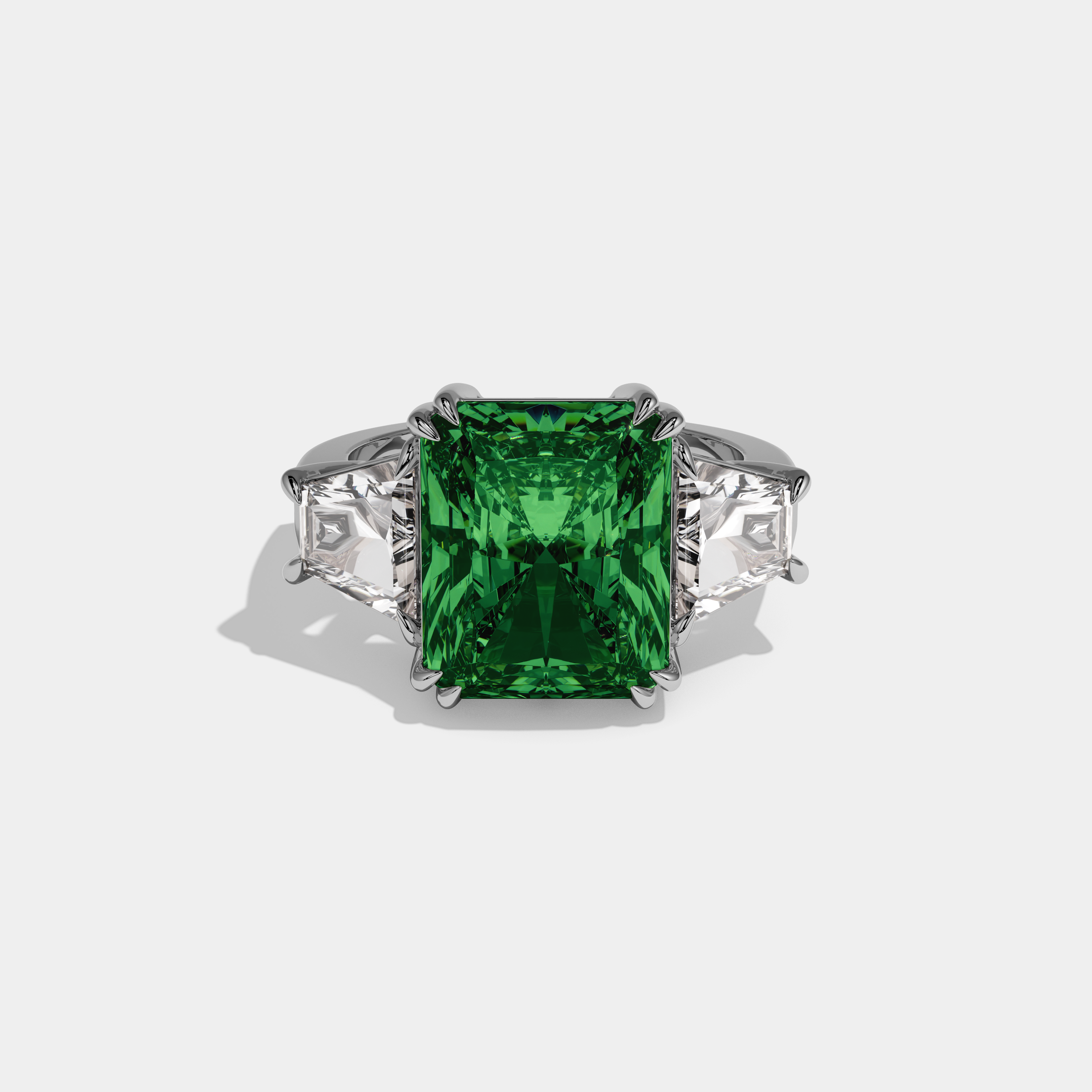 Helena Fancy Dark Green Radiant Cut Diamond Plain Band With Trapezoid Sides Engagement Ring 7ct 18K White Gold