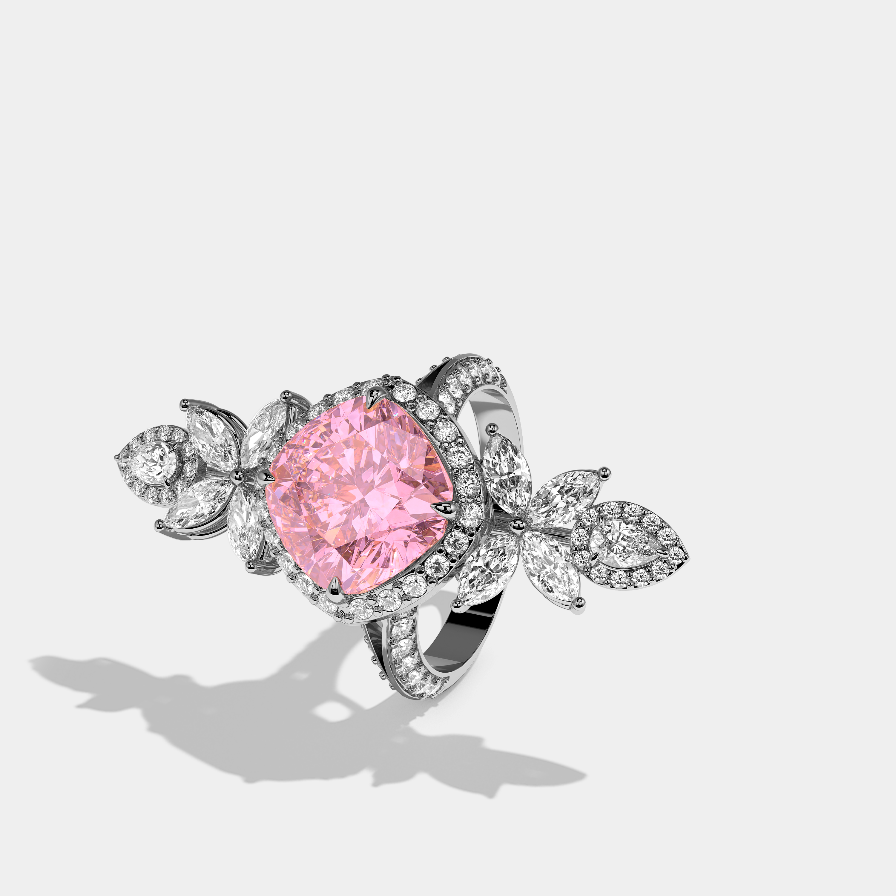 Left View – Kurbãni Durjini Pauline Diamond Pink Cushion Cut Halo Engagement Ring White Gold