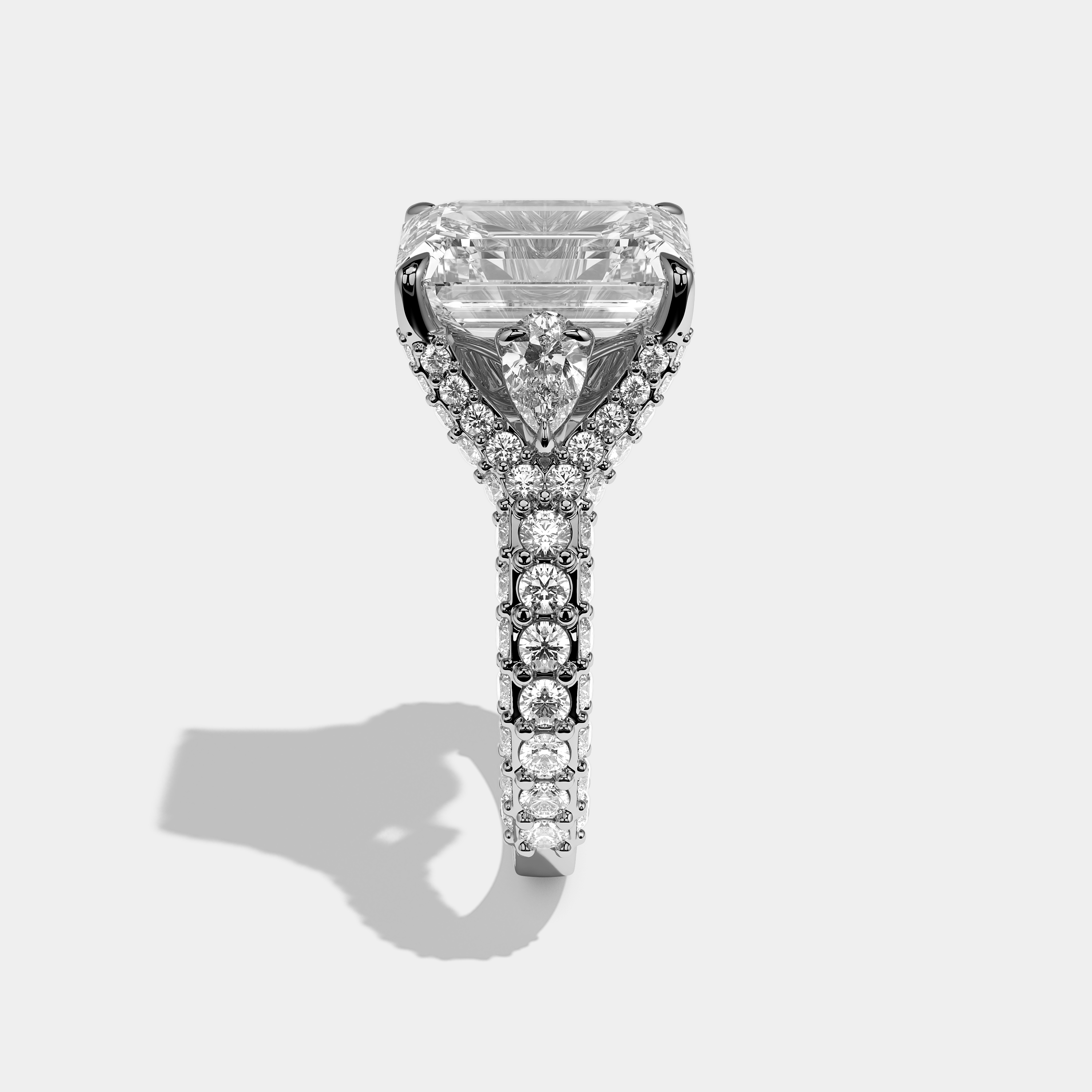 Side View – Kurbãni Durjini Charlotte Diamond Emerald Cut Halo Engagement Ring White Gold